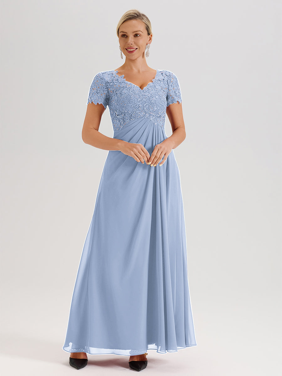 Cicinia Sky Blue Mother Of The Bride Dress Long Chiffon Lace A-line Short Sleeves