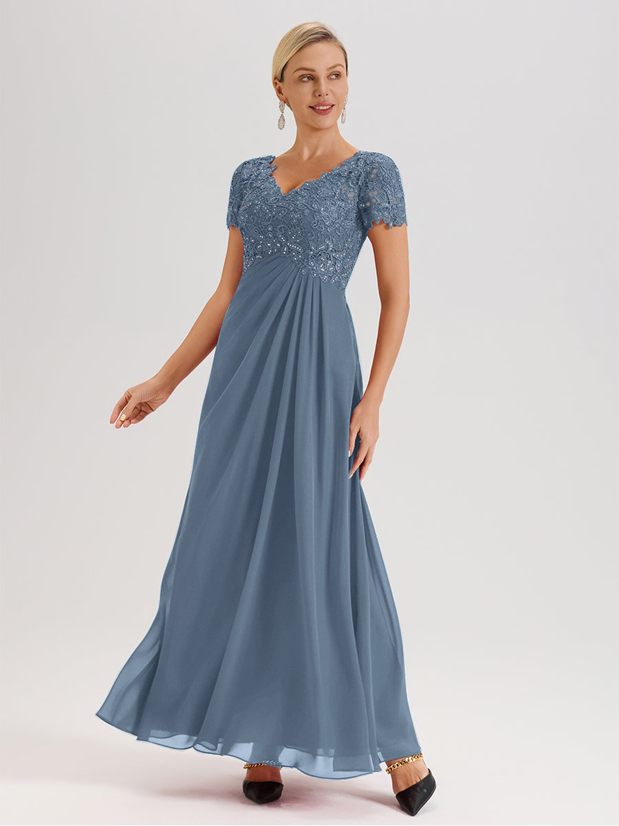 Cicinia Slate Blue Mother Of The Bride Dress Long Chiffon Lace A-line Short Sleeves