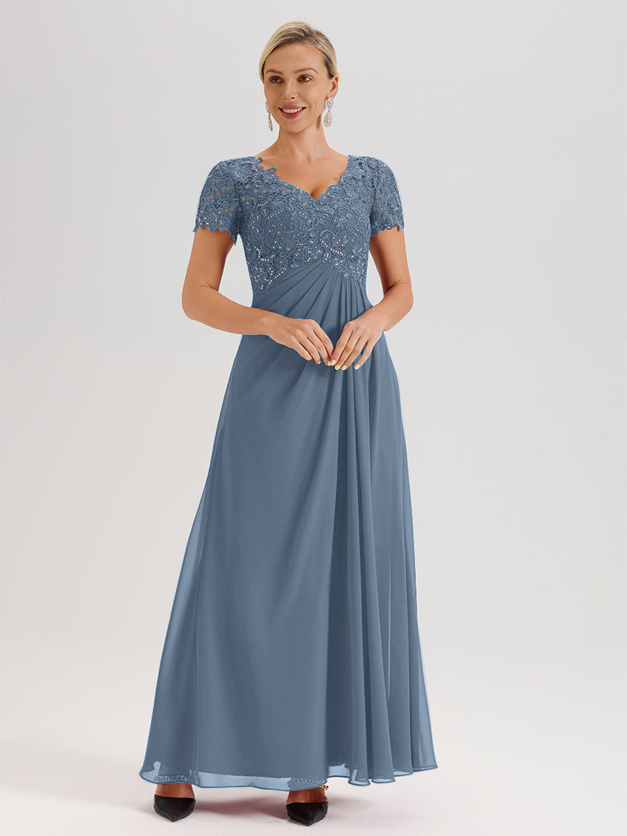 Cicinia Slate Blue Mother Of The Bride Dress Long Chiffon Lace A-line Short Sleeves