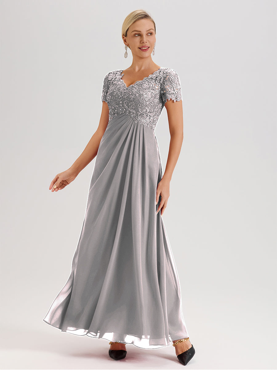 Cicinia Silver Mother Of The Bride Dress Long Chiffon Lace A-line Short Sleeves