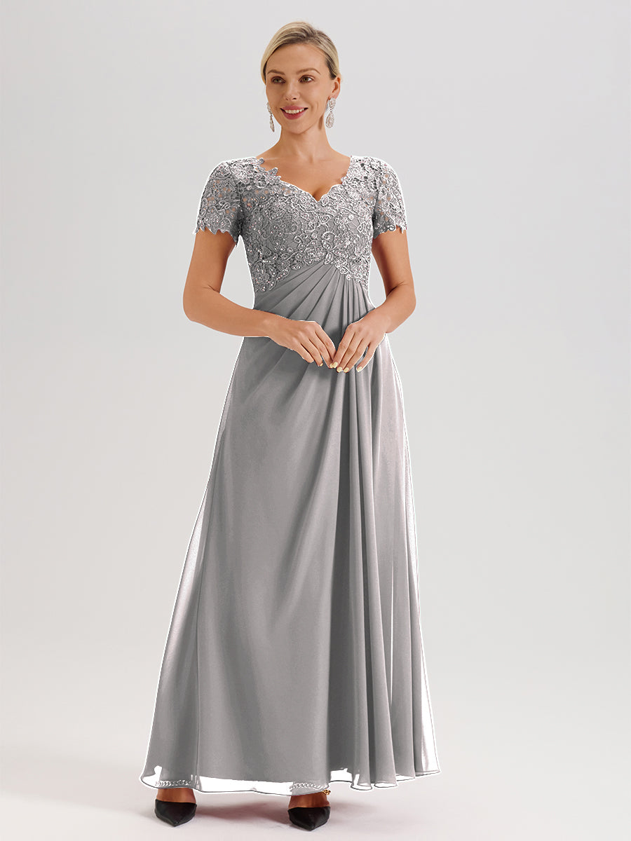 Cicinia Silver Mother Of The Bride Dress Long Chiffon Lace A-line Short Sleeves