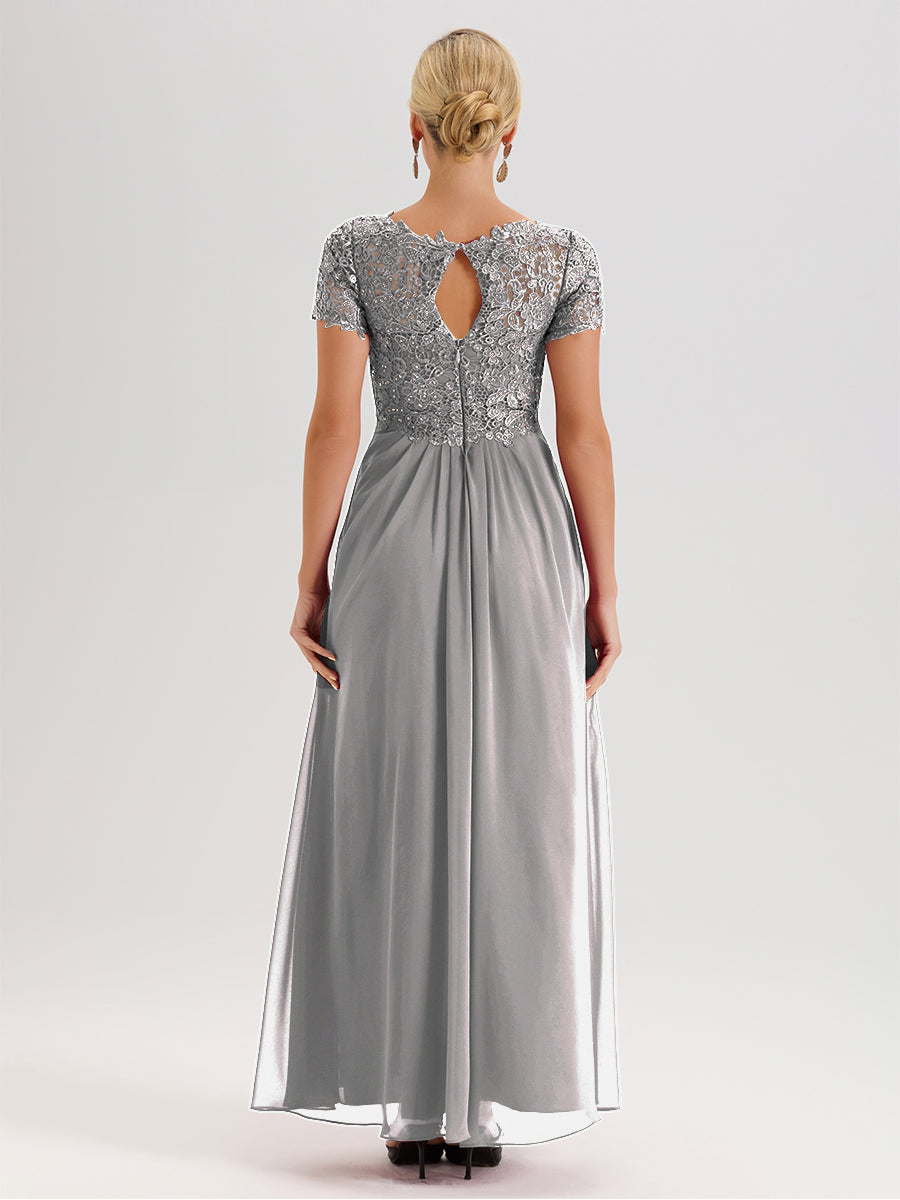 Cicinia Silver Mother Of The Bride Dress Long Chiffon Lace A-line Short Sleeves
