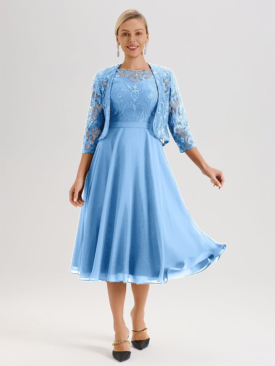 Cicinia Blue Mother Of The Bride Dress With Jacket Long Chiffon Lace A-line Tea Length 2 Pieces