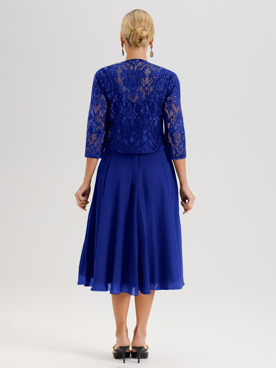Cicinia Royal Blue Mother Of The Bride Dress With Jacket Long Chiffon Lace A-line Tea Length 2 Pieces