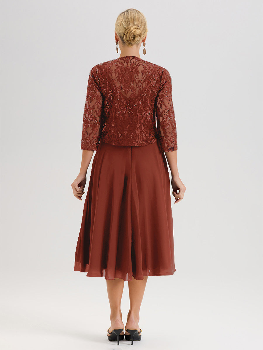 Cicinia Rust Mother Of The Bride Dress With Jacket Long Chiffon Lace A-line Tea Length 2 Pieces