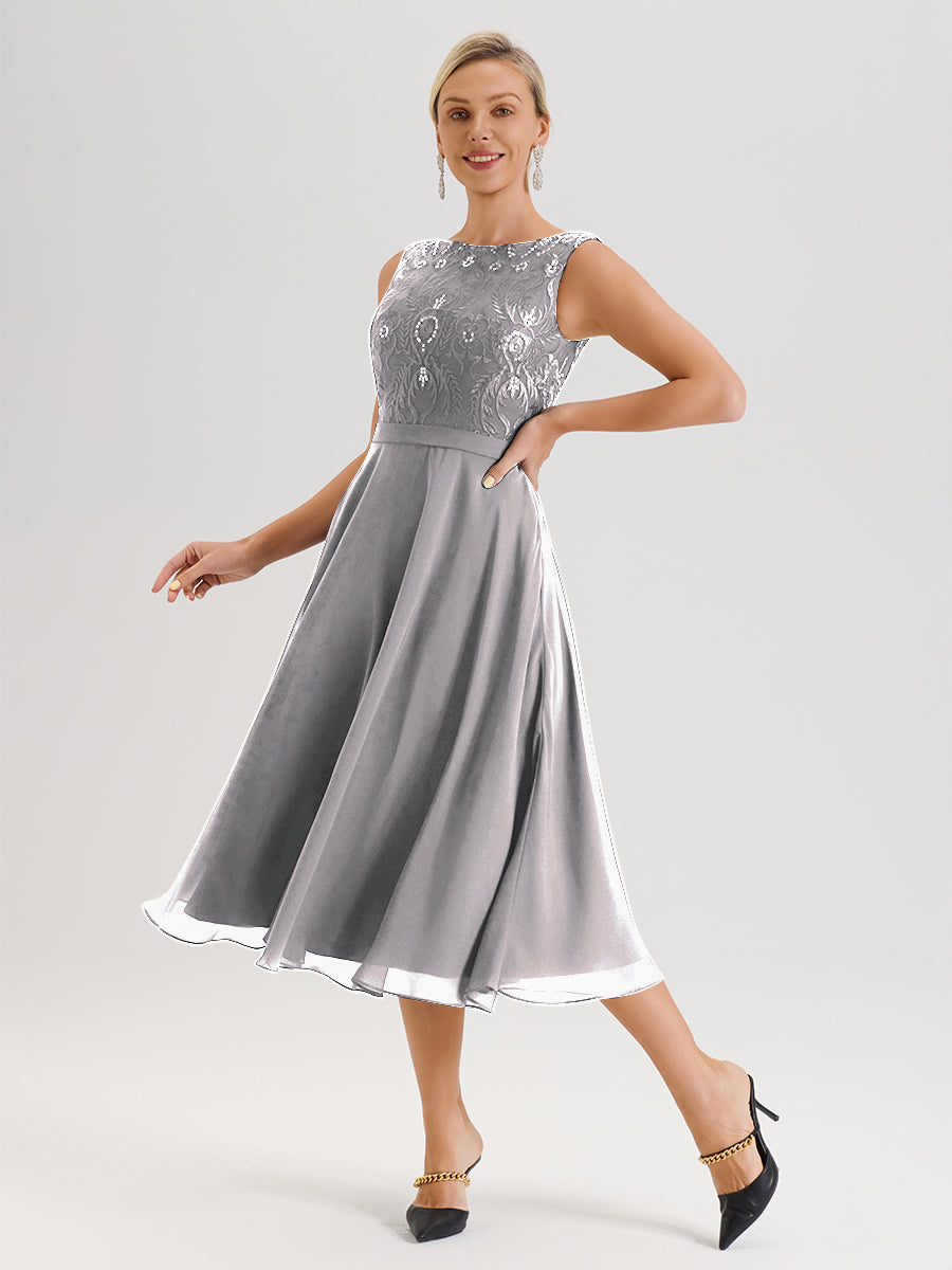 Cicinia Silver Mother Of The Bride Dress With Jacket Long Chiffon Lace A-line Tea Length 2 Pieces