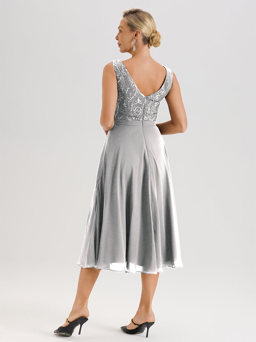 Cicinia Silver Mother Of The Bride Dress With Jacket Long Chiffon Lace A-line Tea Length 2 Pieces