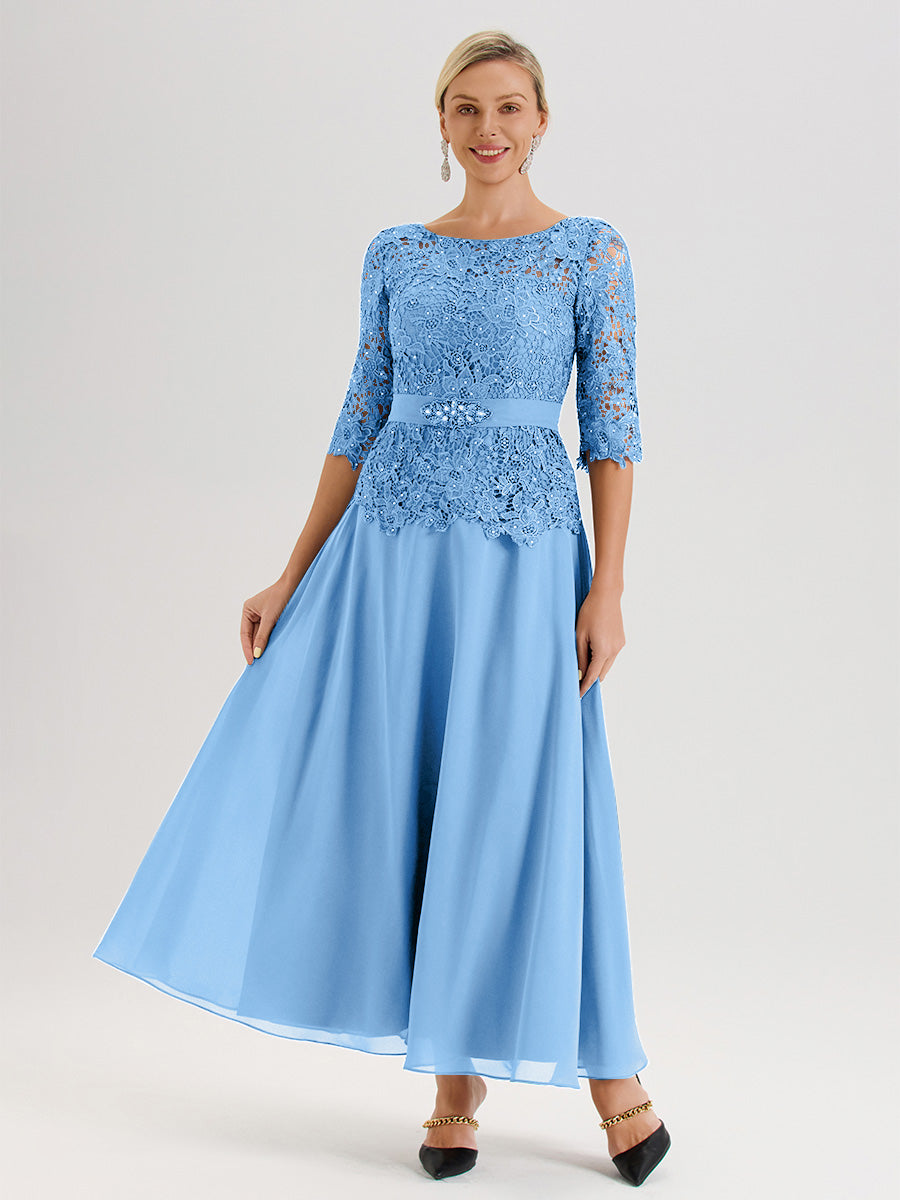 Cicinia Sky Blue Mother Of The Groom Dress Long Chiffon A-line Tea Length V-neck Sequined Lace