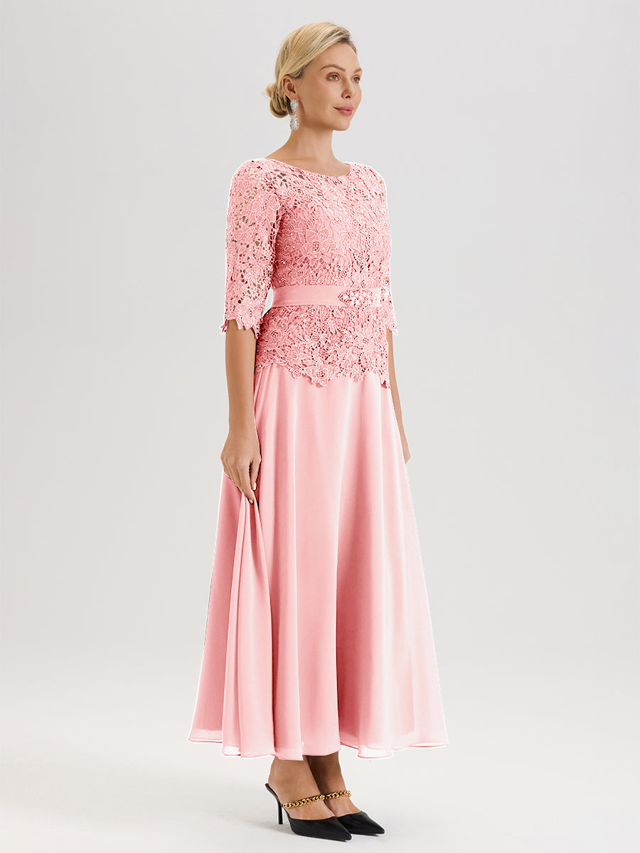 Cicinia Blush Mother Of The Bride Dress Long Chiffon Lace A-line Silver Rhinestones