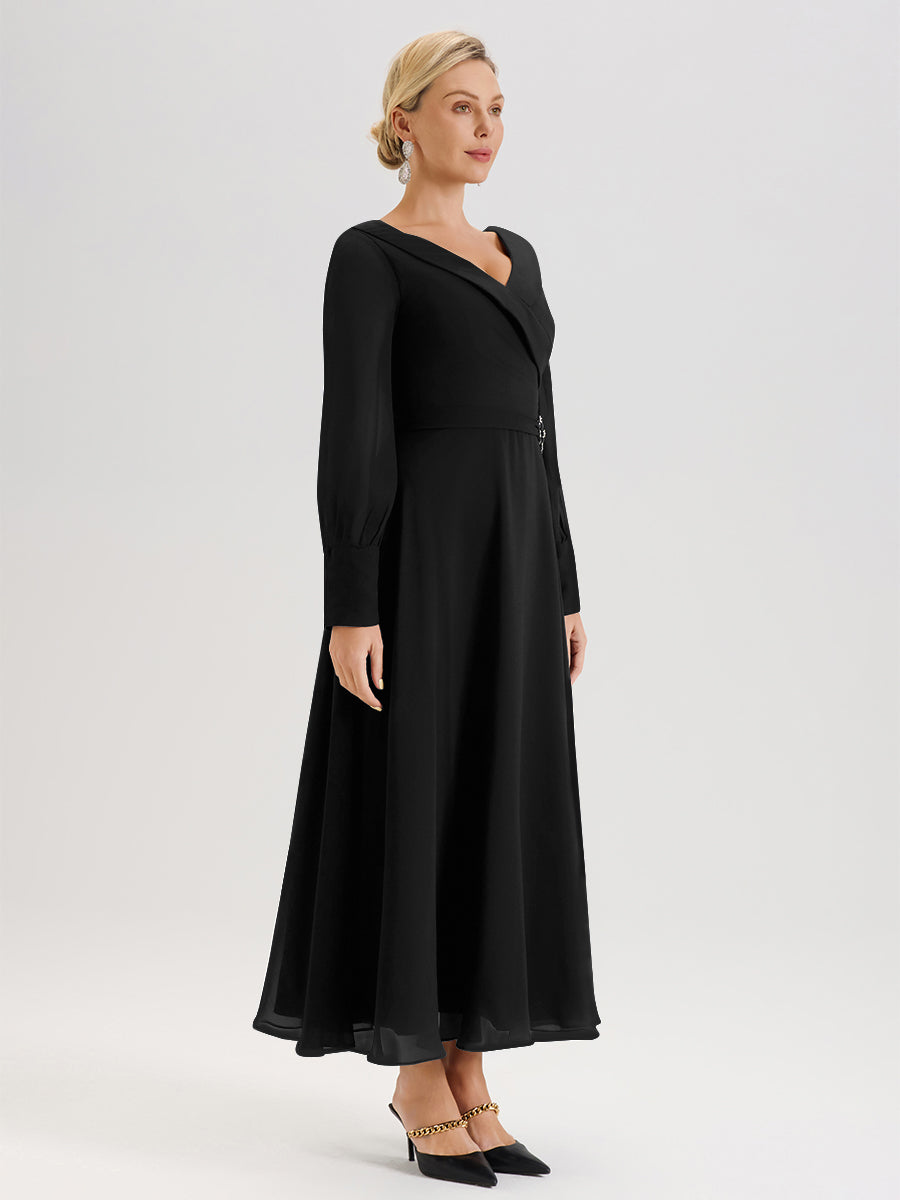 Cicinia Black Mother Of The Bride Dress Chiffon A-line Long Sleeves With Silver Jewelry