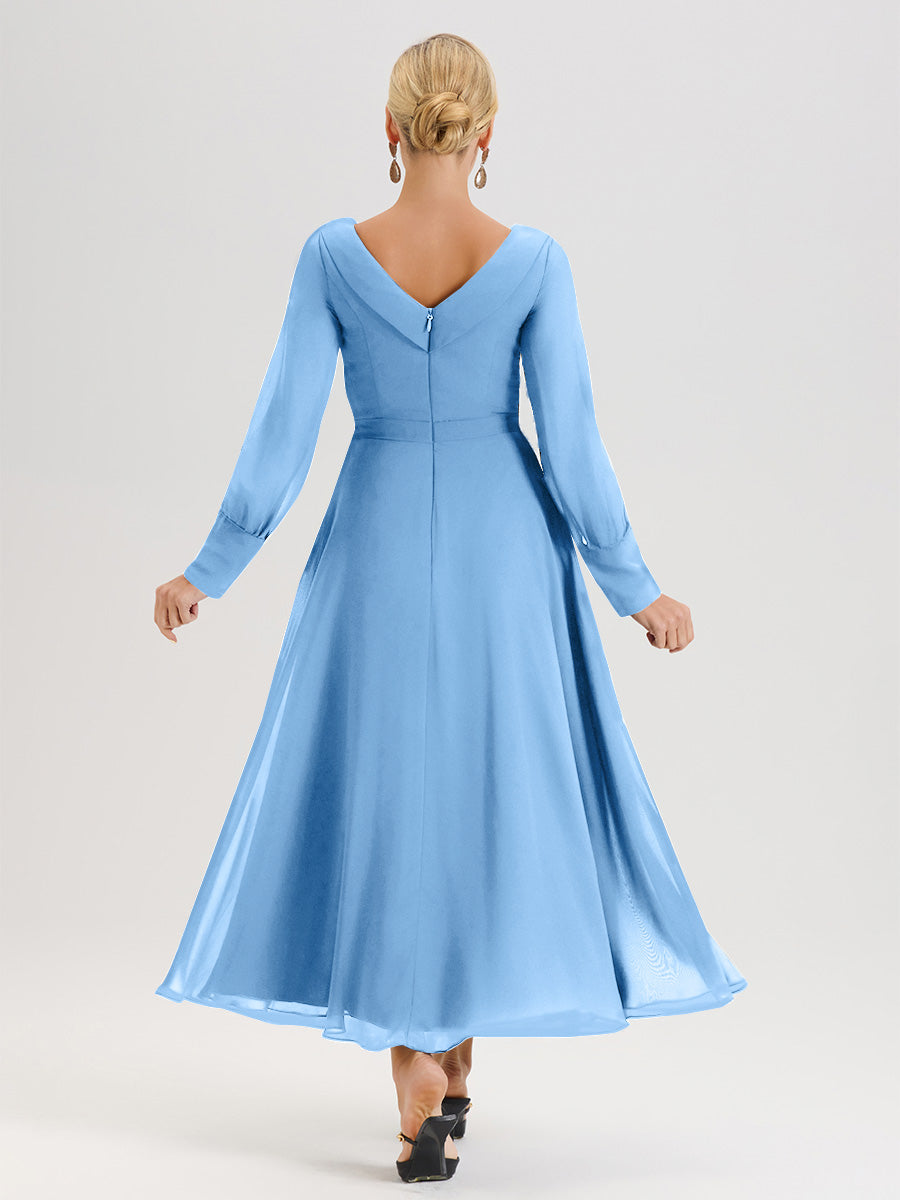 Cicinia Blue Mother Of The Bride Dress Chiffon A-line Long Sleeves With Silver Jewelry