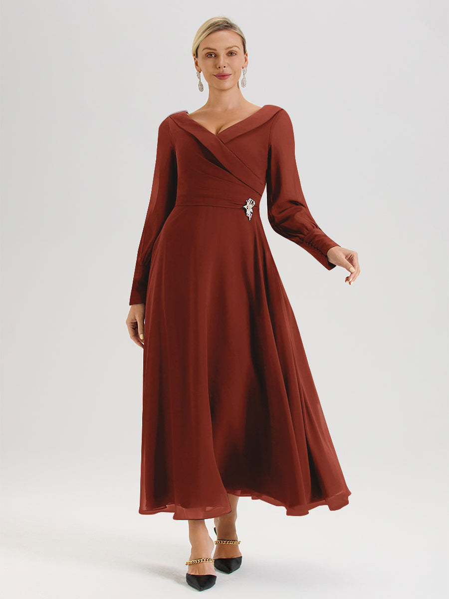 Cicinia Rust Mother Of The Groom Dress Long Chiffon A-line Tea Length V-neck Sequined Lace main image 1