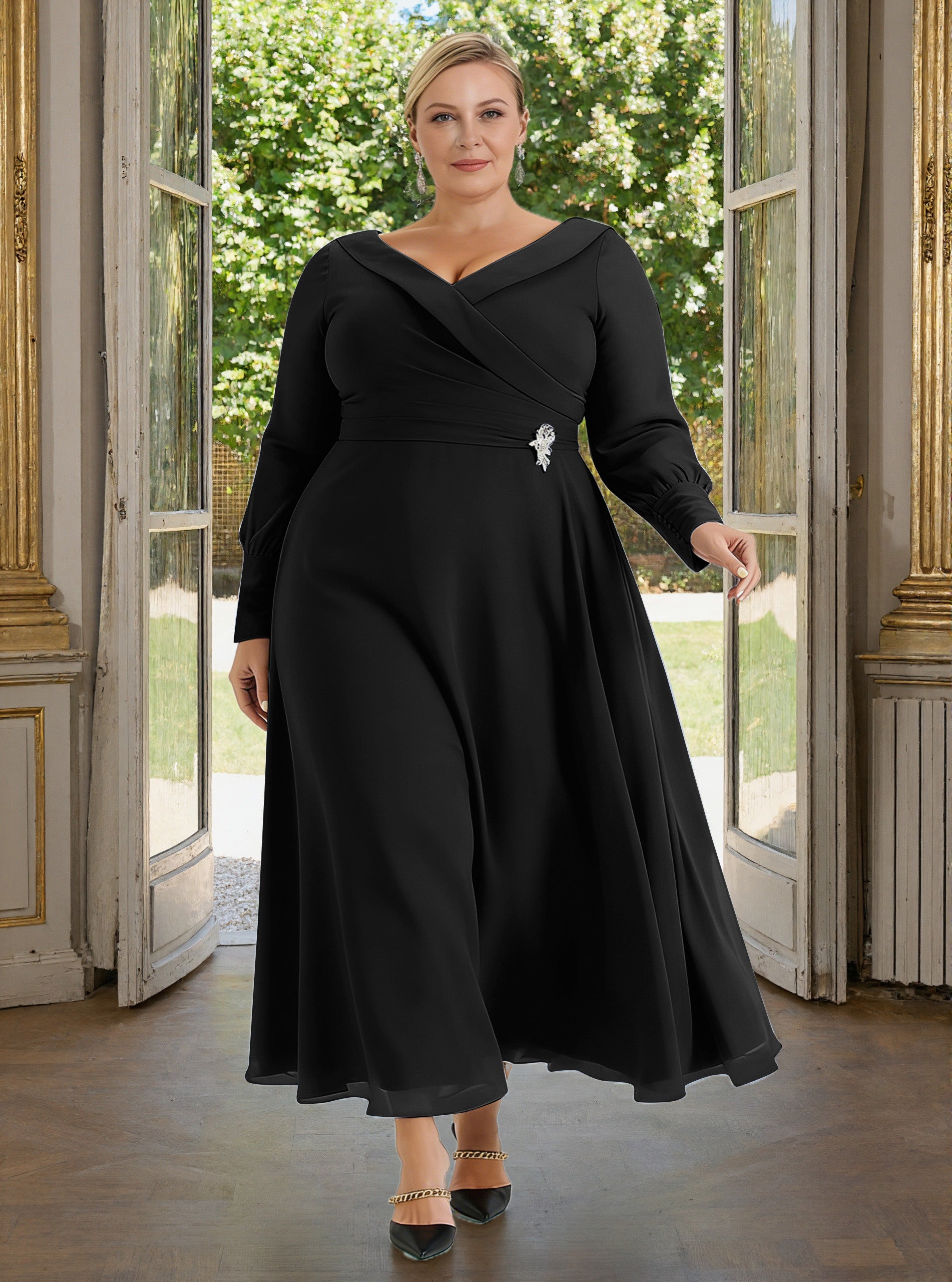 black mother of the bride dresses long sleeve La Femme 33282 Dress line with beaded bodice Neckline Black Mother of the Bride