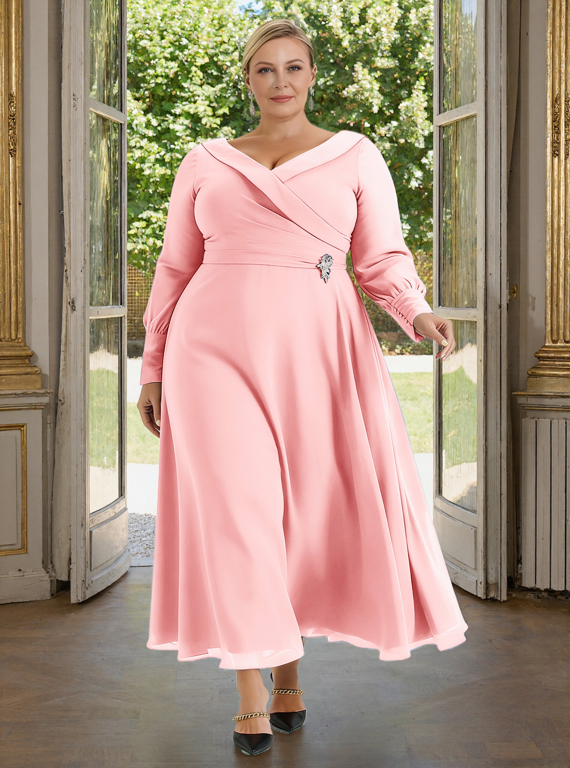 blush pink plus size maxi dress Cicinia Blush Mother Of The Bride Dress With Sleeves Plus Size Long Chiffon A-line Ankle Length Shawl Collar