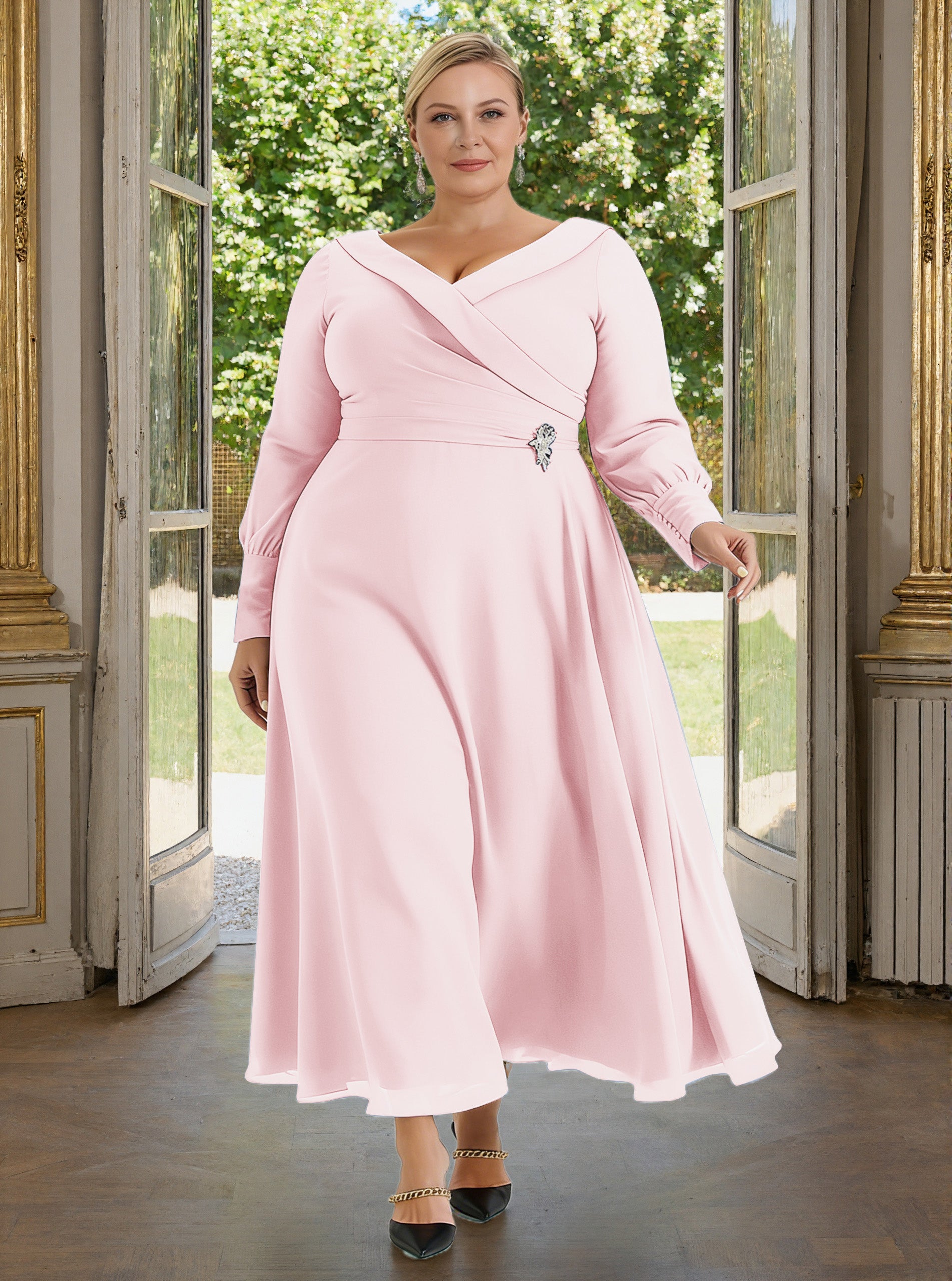 Cicinia Blushing Pink Mother Of The Bride Dress With Sleeves Plus Size Long Chiffon A-line Ankle Length Shawl Collar Cicinia Blushing Pink Mother Of The Bride Dress With Sleeves Plus Size Long Chiffon A-line Ankle Length Shawl Collar