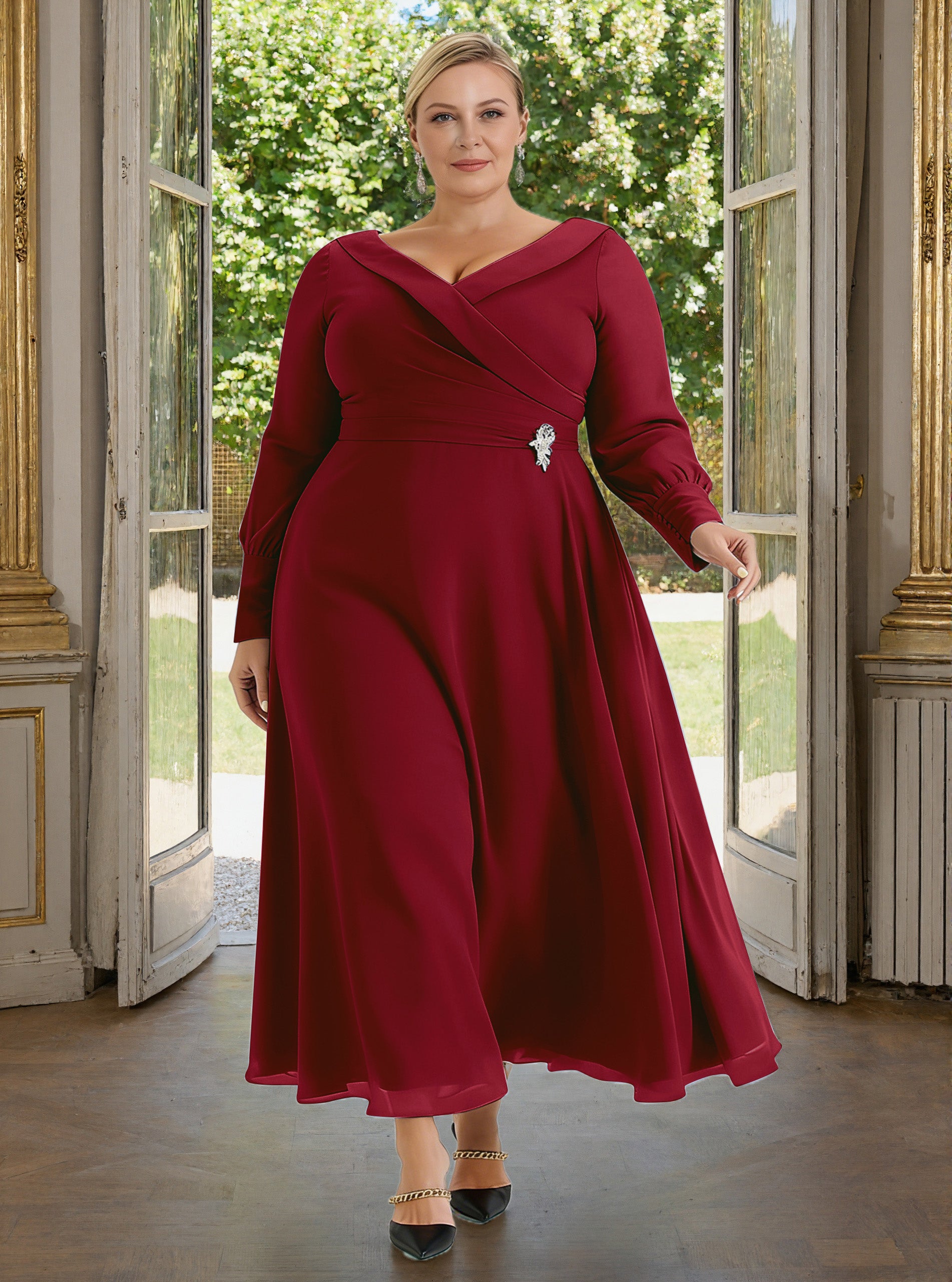 Cicinia Burgundy Mother Of The Bride Dress With Sleeves Plus Size Long Chiffon A-line Ankle Length Shawl Collar