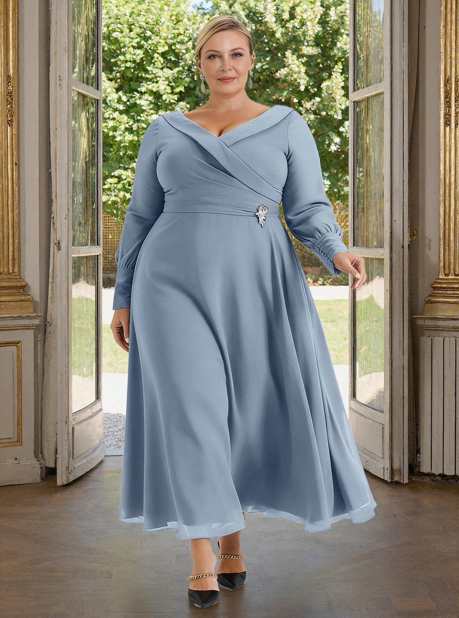 Cicinia Dusty Blue Mother Of The Bride Dress With Sleeves Plus Size Lo