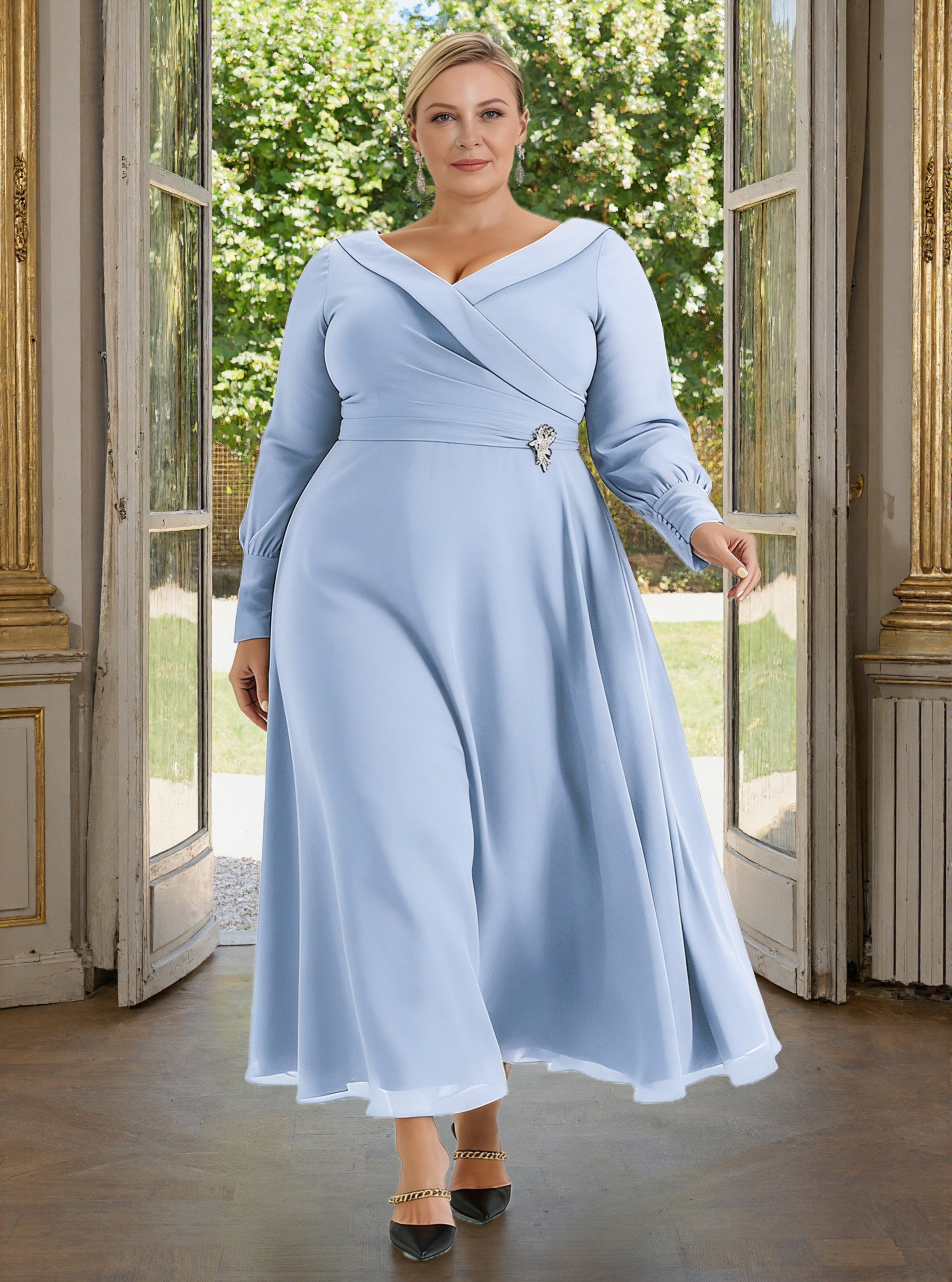 Cicinia Sky Blue Mother Of The Bride Dress With Sleeves Plus Size Long Chiffon A-line Ankle Length Shawl Collar Cicinia Sky Blue Mother Of The Bride Dress With Sleeves Plus Size Long Chiffon A-line Ankle Length Shawl Collar