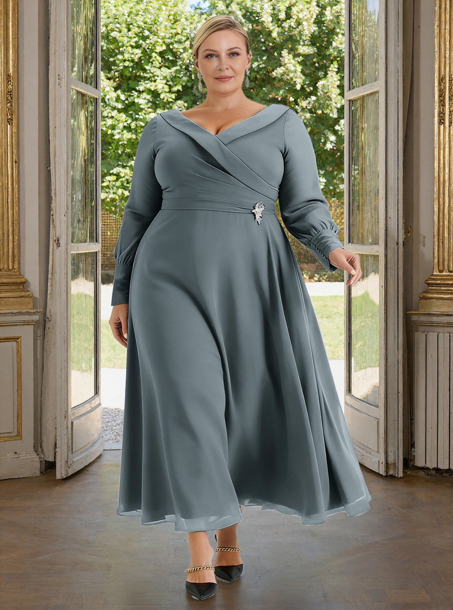 Cicinia Steel Grey Mother Of The Bride Dress With Sleeves Plus Size Long Chiffon A-line Ankle Length Shawl Collar Cicinia Steel Grey Mother Of The Bride Dress With Sleeves Plus Size Long Chiffon A-line Ankle Length Shawl Collar
