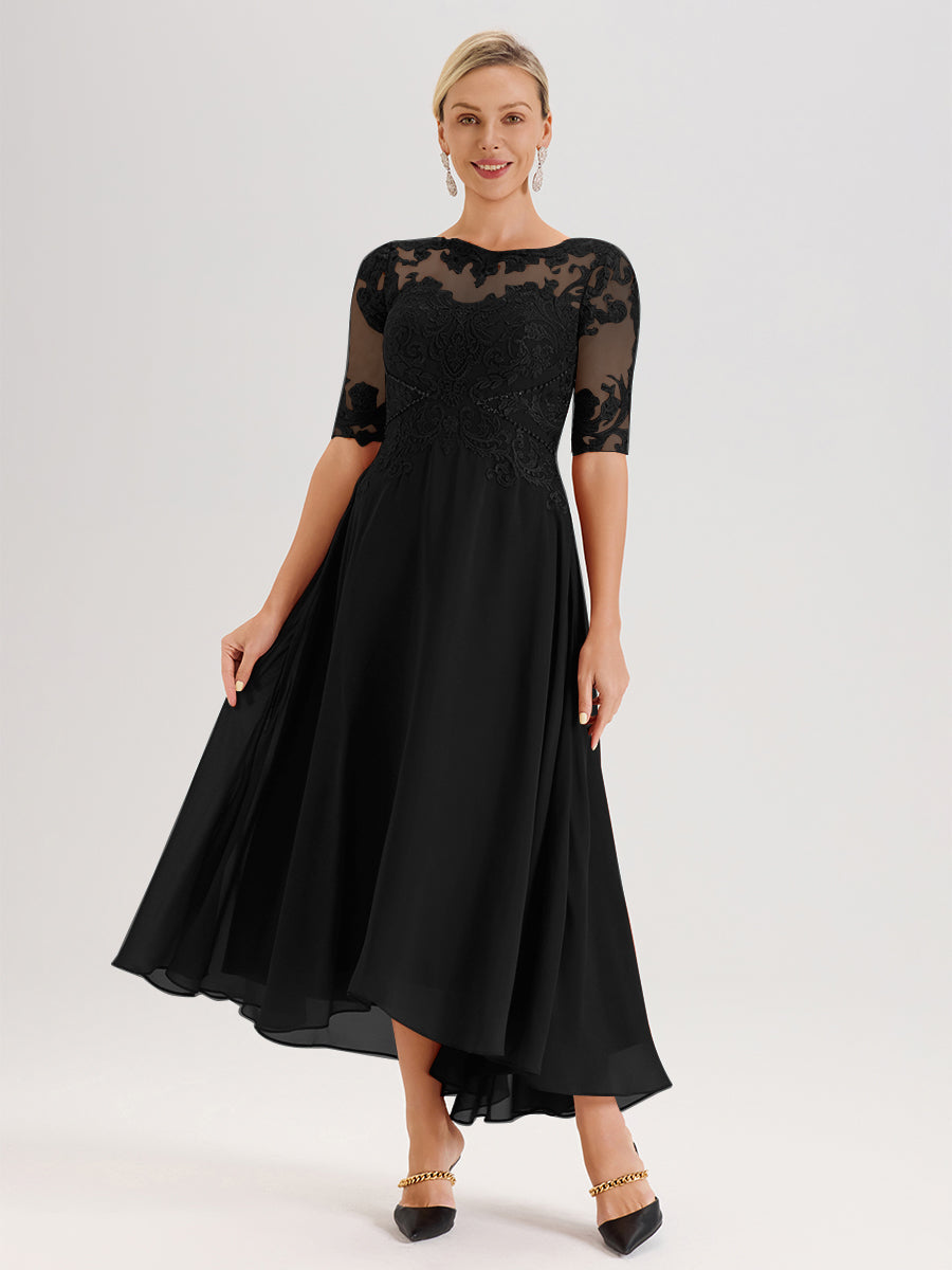 Cicinia Black Mother of The Bride Dress Chiffon Lace Beaded A-Line Half Sleeves High Low Hemline Cicinia Black Mother of The Bride Dress Chiffon Lace Beaded A-Line Half Sleeves High Low Hemline