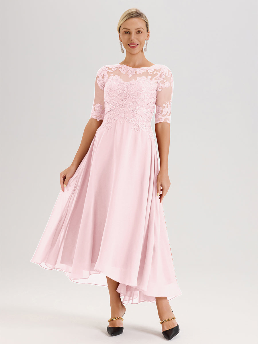 Cicinia Blushing Pink Mother of The Bride Dress Chiffon Lace Beaded A-Line Half Sleeves High Low Hemline
