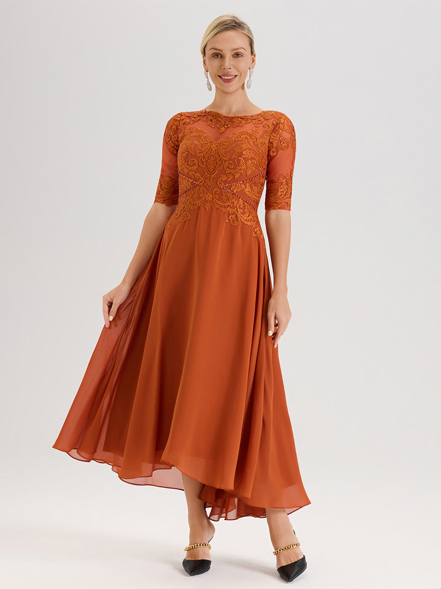 Cicinia Burnt Orange Mother Of The Bride Dress Chiffon Lace Beaded A-line Half Sleeves High Low Hemline Cicinia Burnt Orange Mother Of The Bride Dress Chiffon Lace Beaded A-line Half Sleeves High Low Hemline