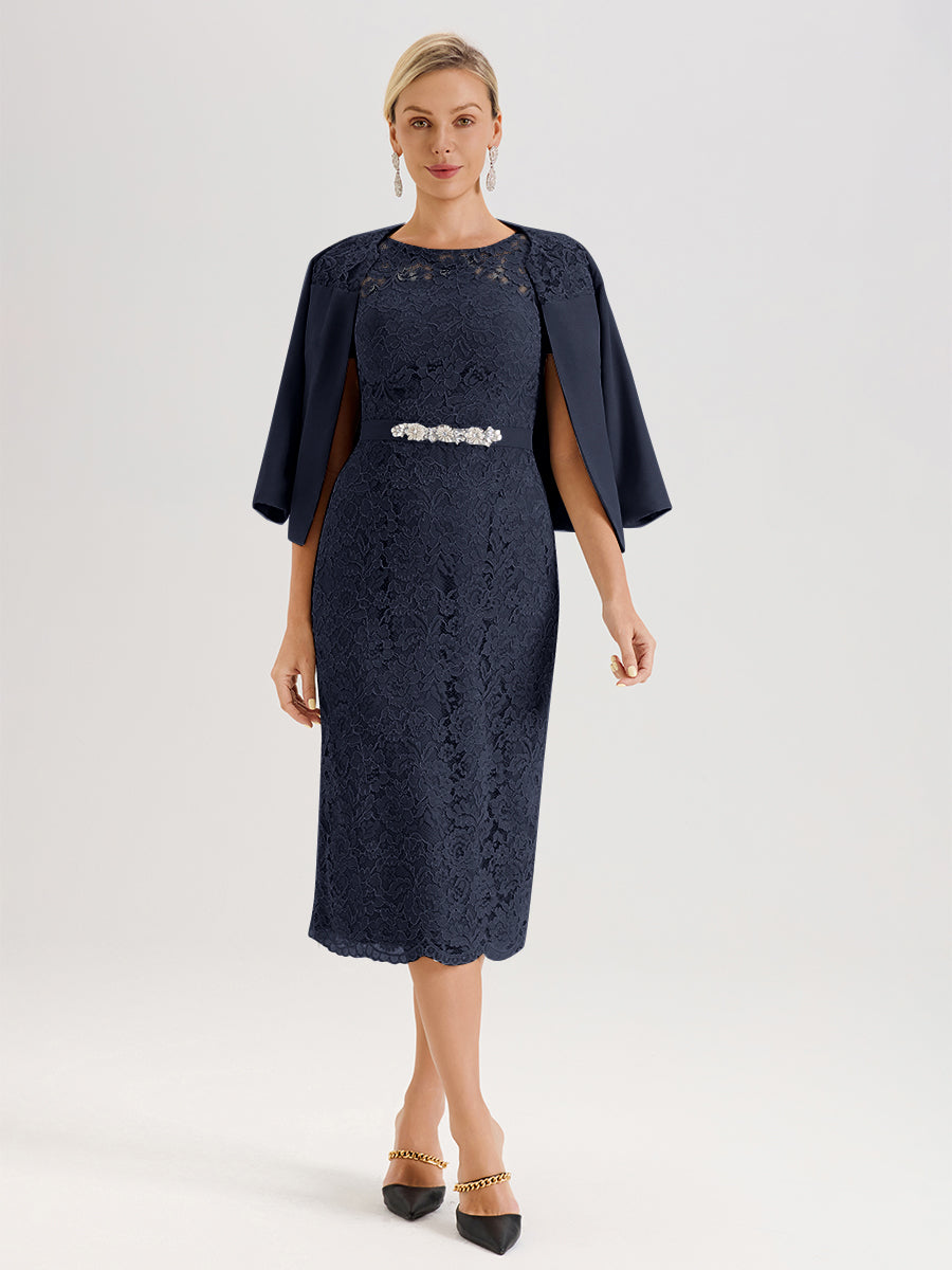 blue dress for baby girl Cicinia Dark_Navy Mother of The Bride Dress with Jacket Chiffon Lace Sheath Tea Length 2 Pieces
