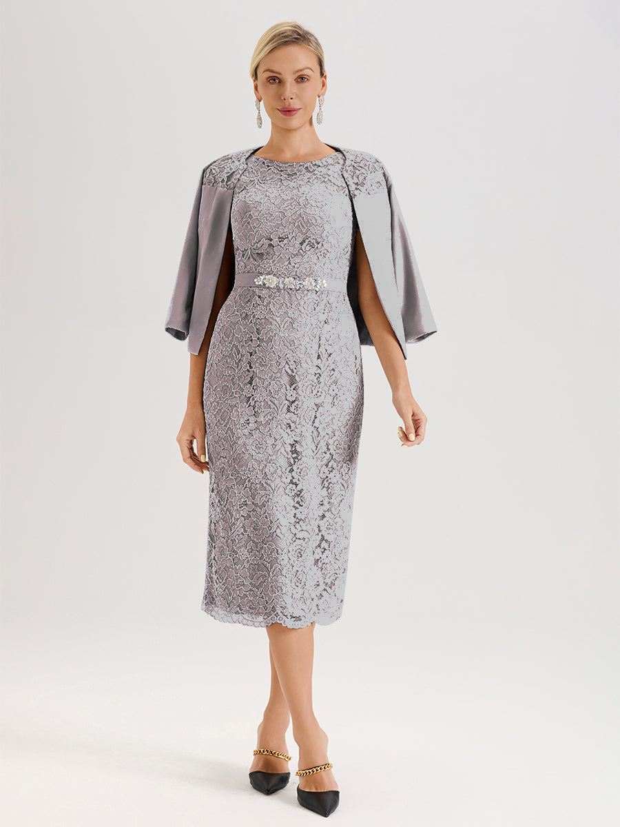 Cicinia Silver Mother Of The Bride Dress With Jacket Chiffon Lace Sheath Tea Length 2 Pieces