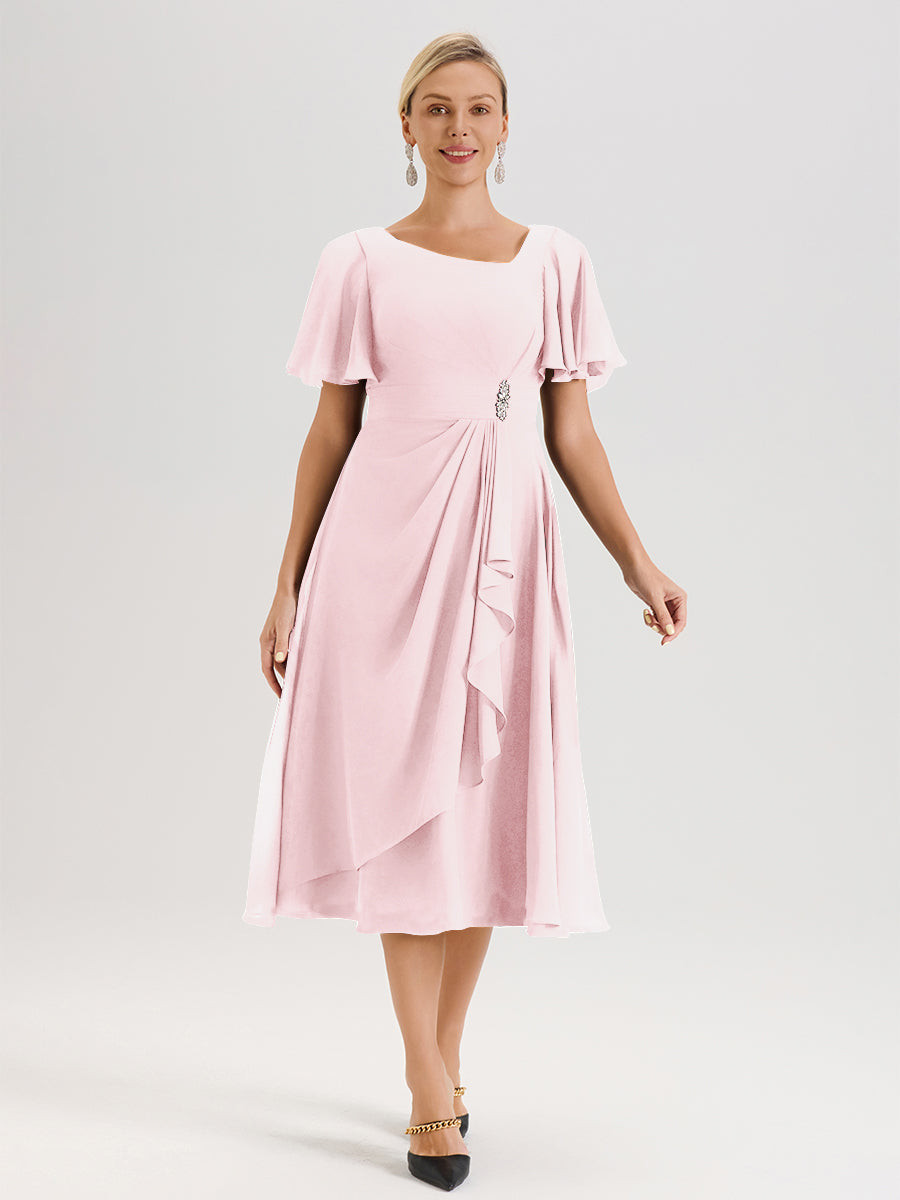 pink chiffon tea length dress Pink Round Neck Tea Length Chiffon A-Line Wedding Party Dress