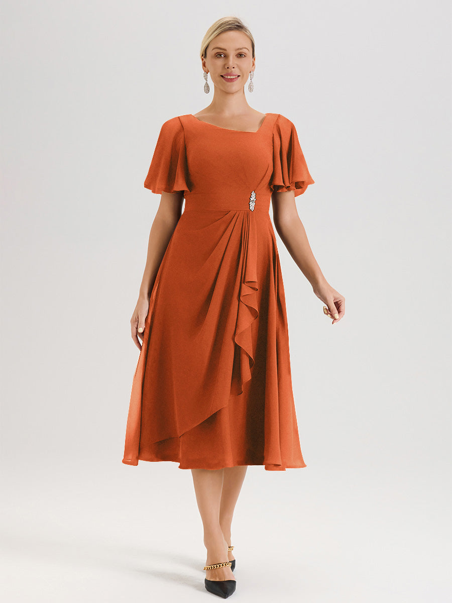 Cicinia Burnt Orange Mother of The Bride Dress Long Chiffon A-Line Tea Length Short Sleeves Flowy