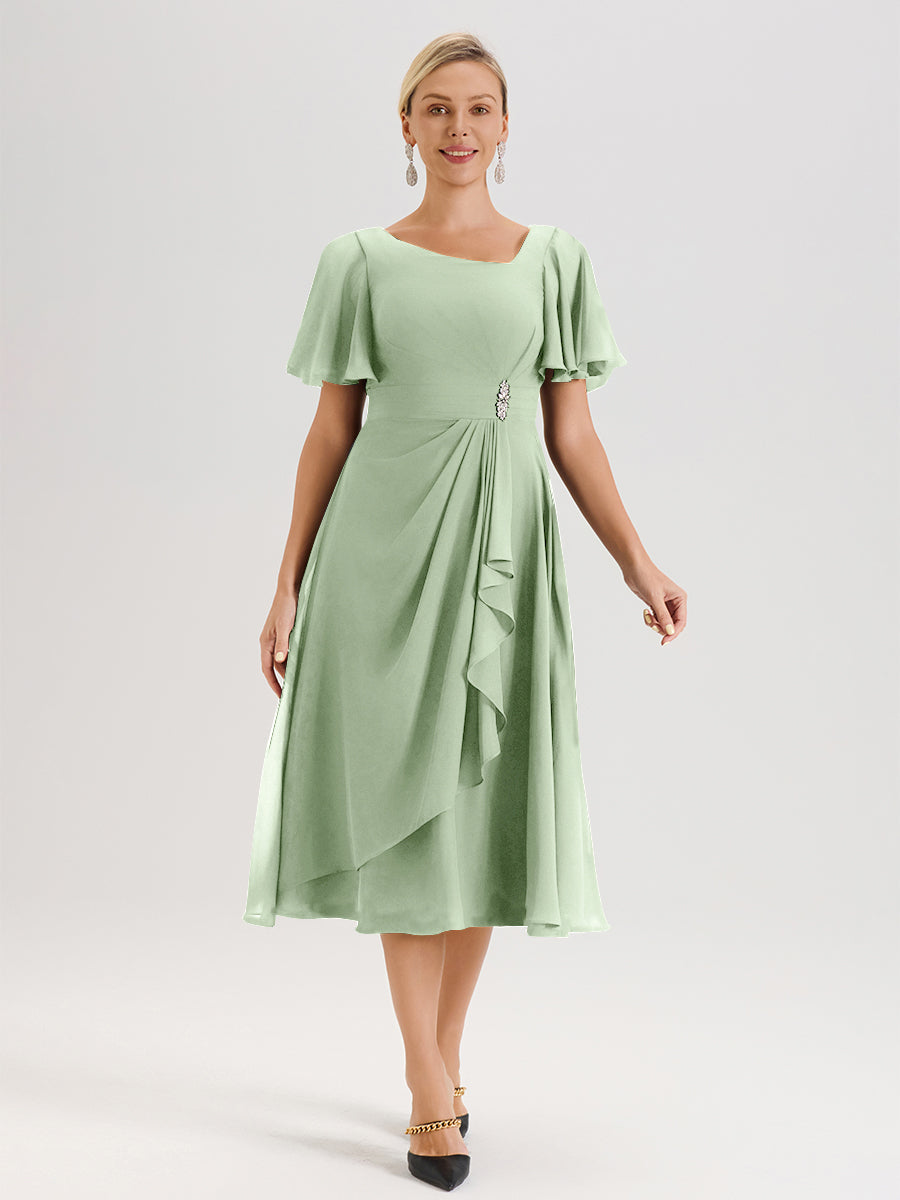 Cicinia Dusty Sage Mother Of The Bride Dress Long Chiffon A-line Tea Length Short Sleeves Flowy Cicinia Dusty Sage Mother Of The Bride Dress Long Chiffon A-line Tea Length Short Sleeves Flowy