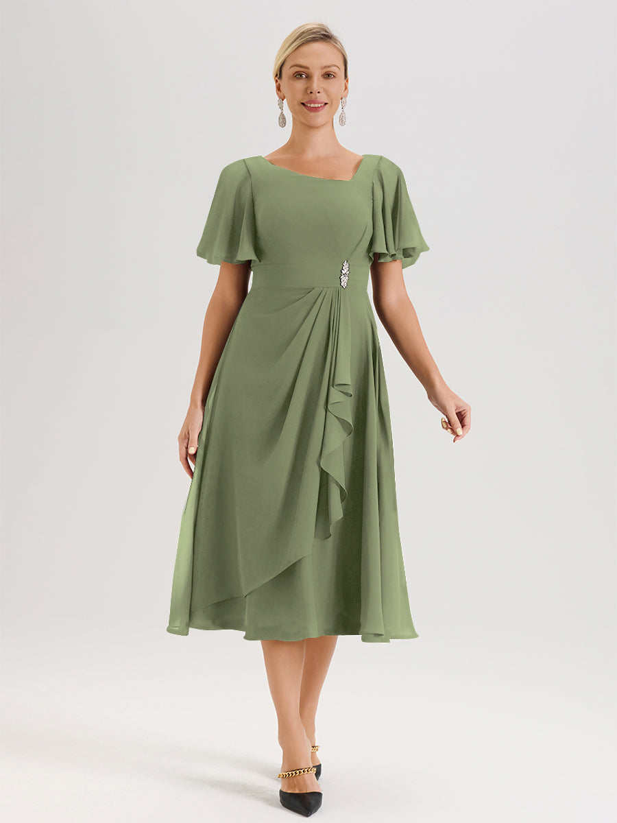 Cicinia Olive Green Mother Of The Bride Dress Long Chiffon A-line Tea Length Short Sleeves Flowy Cicinia Olive Green Mother Of The Bride Dress Long Chiffon A-line Tea Length Short Sleeves Flowy