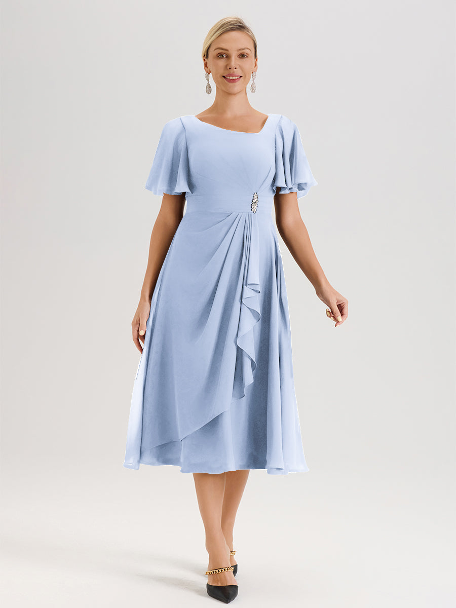 blue chiffon tea length dress Cicinia Sky Blue Mother Of The Bride Dress Long Chiffon A-line Tea Length Short Sleeves Flowy