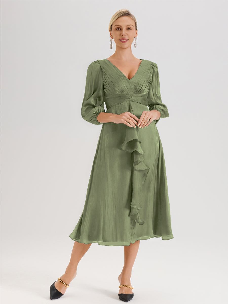 Cicinia Olive Green Mother Of The Bride Dress Long Crepe A-line Tea Length 3/4 Sleeves Cicinia Olive Green Mother Of The Bride Dress Long Crepe A-line Tea Length 3/4 Sleeves