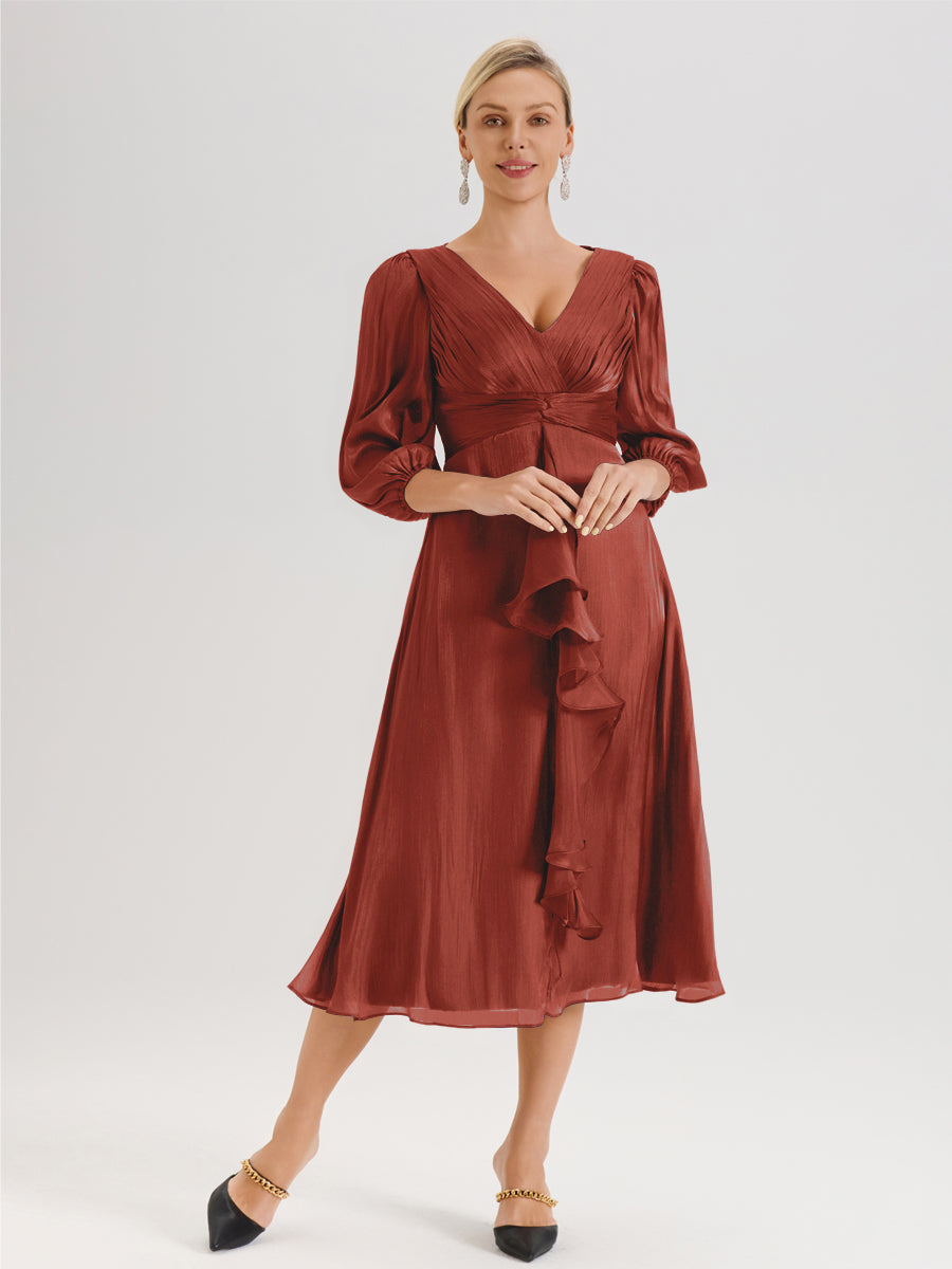 Cicinia Rust Mother Of The Groom Dress Long Chiffon A-line Flutter Sleeves WIth Sequined Lace Hemline main image 1