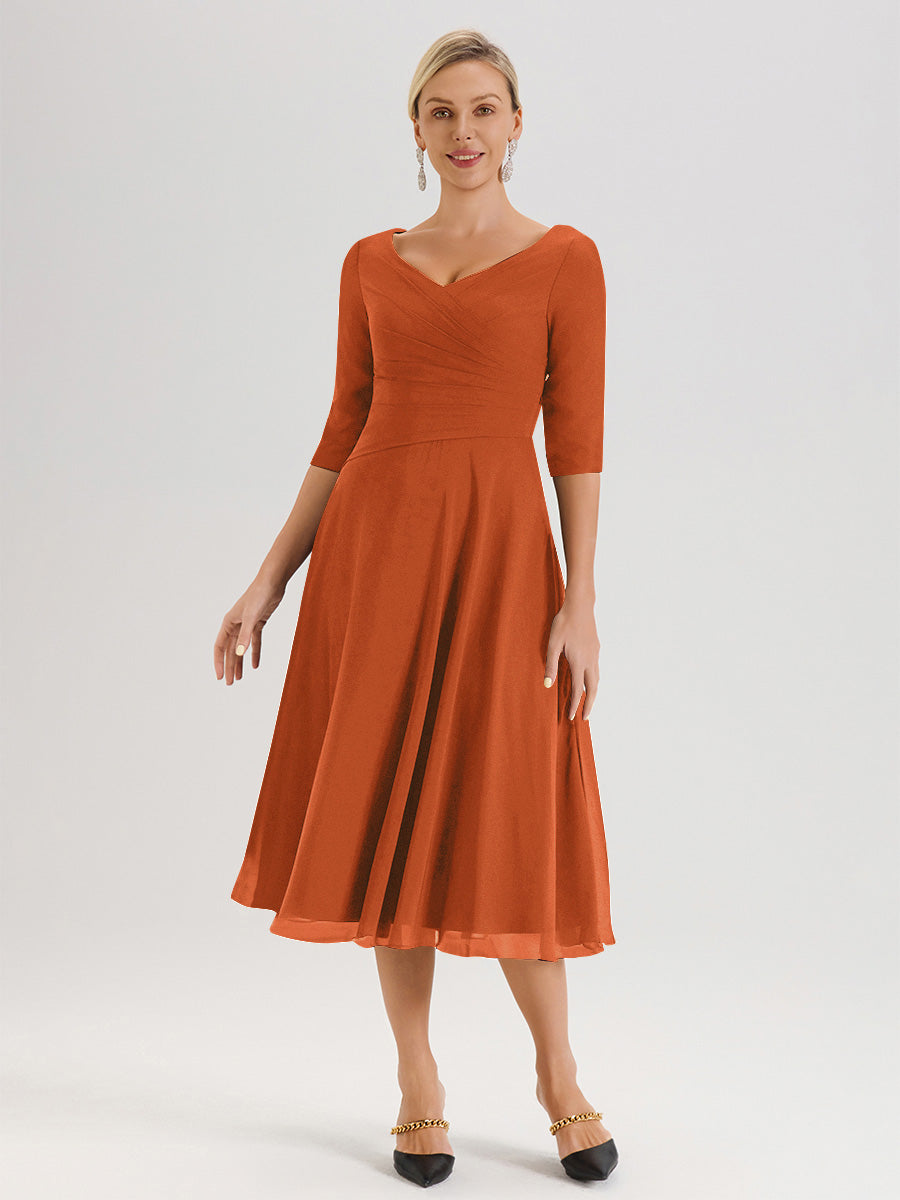 Cicinia Burnt Orange Mother of The Bride Dress Long Chiffon A-Line Tea Length Half Sleeves Elegant