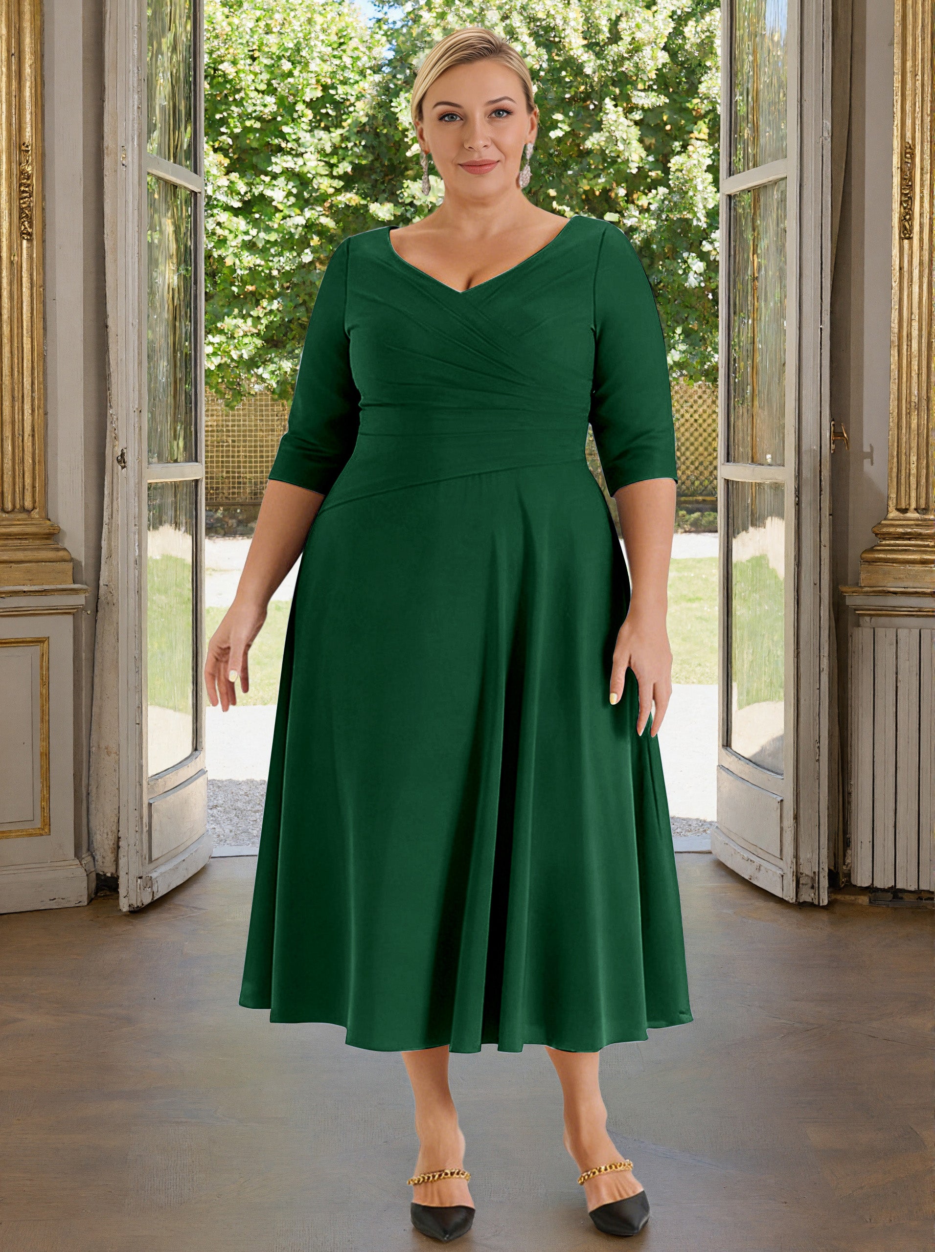 Cicinia V-neck Dark Green Mother Of The Bride Dress Plus Size Long A-line Tea Length Half Sleeves Cicinia V-neck Dark Green Mother Of The Bride Dress Plus Size Long A-line Tea Length Half Sleeves