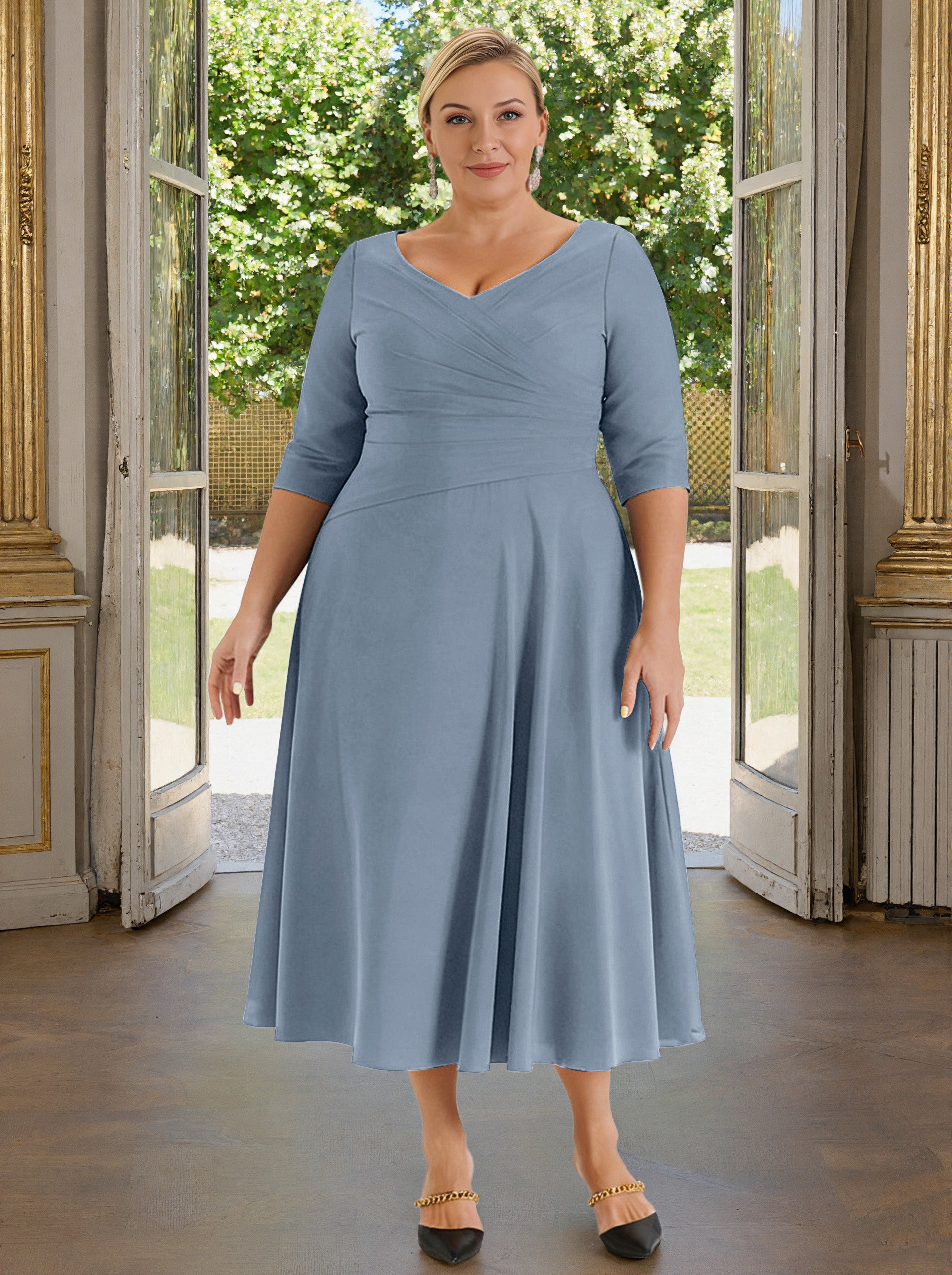 Cicinia V-neck Dusty Blue Mother Of The Bride Dress Plus Size Long A-line Tea Length Half Sleeves