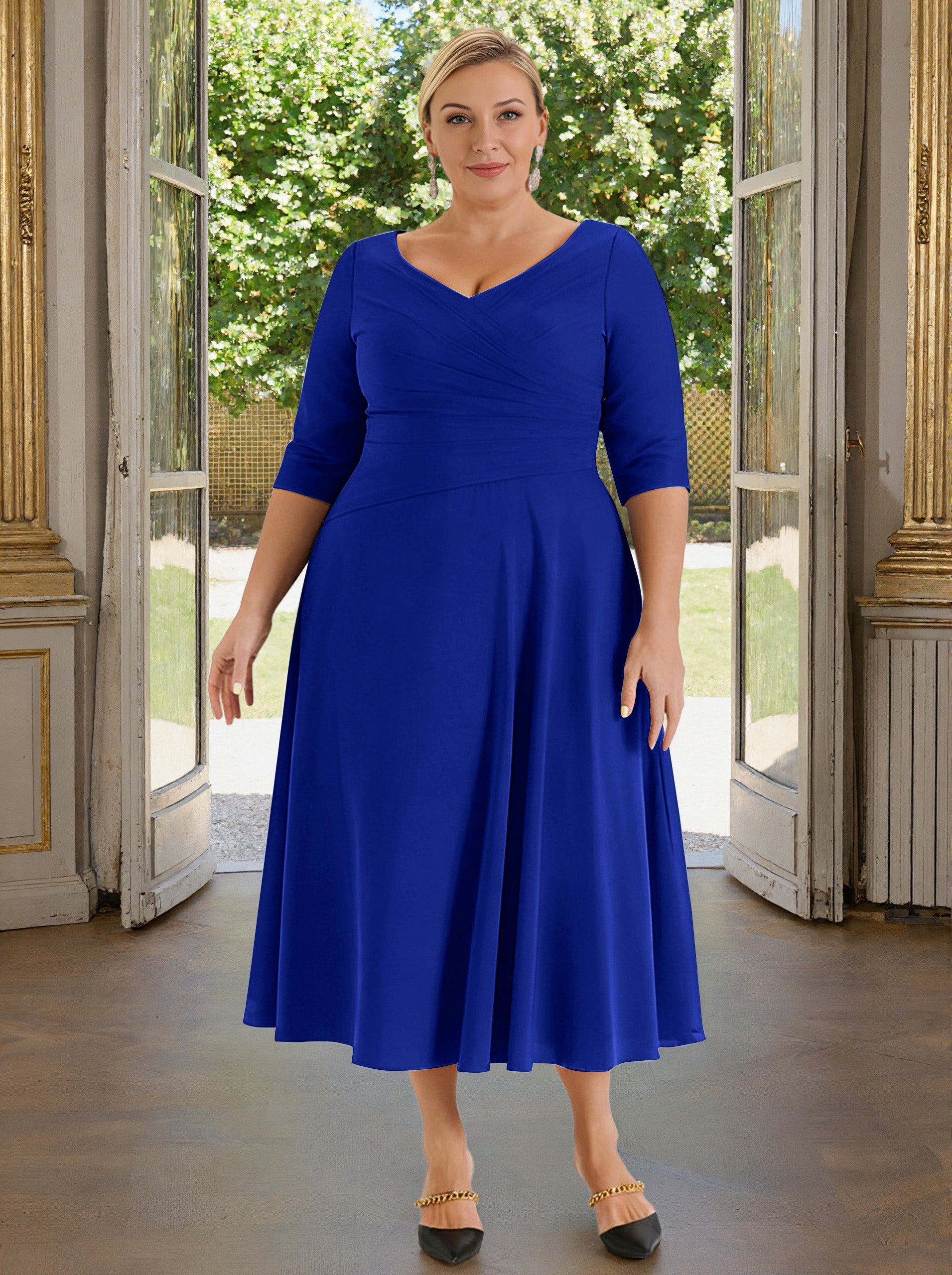 Cicinia V-neck Royal Blue Mother Of The Bride Dress Plus Size Long A-line Tea Length Half Sleeves