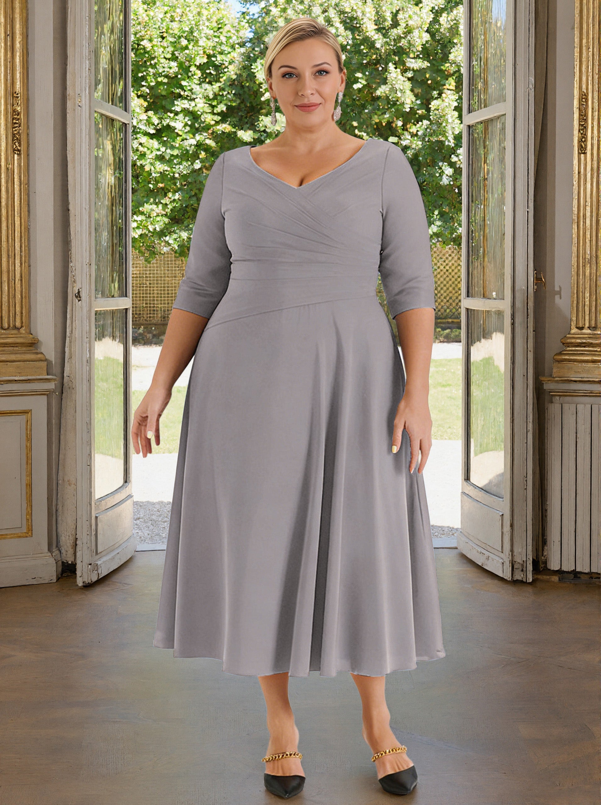 Cicinia V-neck Silver Mother Of The Bride Dress Plus Size Long A-line Tea Length Half Sleeves