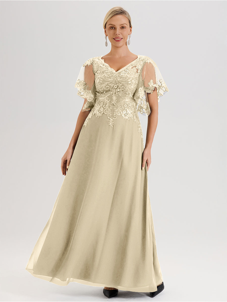 Cicinia Champagne Mother Of The Bride Dress Long Chiffon Lace A-line Floor Length Short Sleeves Cicinia Champagne Mother Of The Bride Dress Long Chiffon Lace A-line Floor Length Short Sleeves