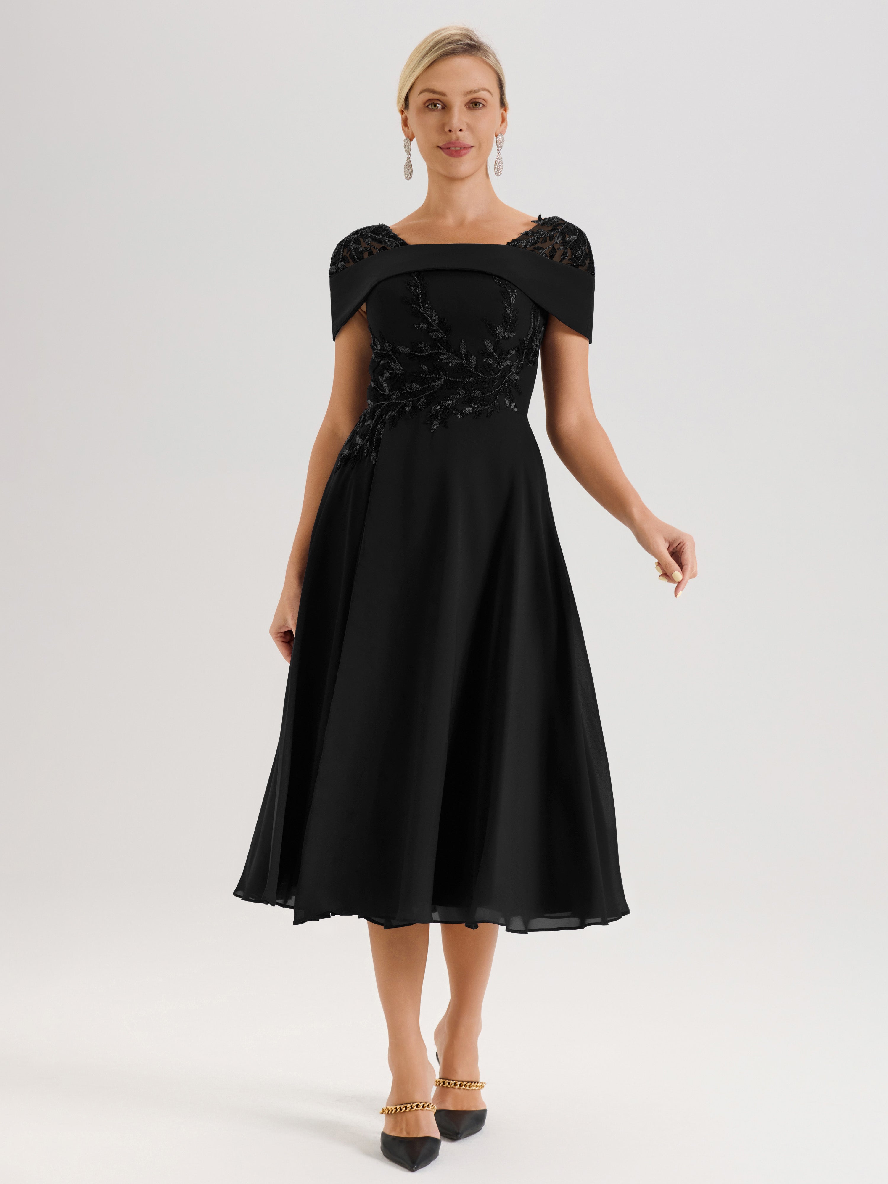 Cicinia Black Mother Of The Bride Dress Long Chiffon A-line Tea Length Cap Sleeves Beaded