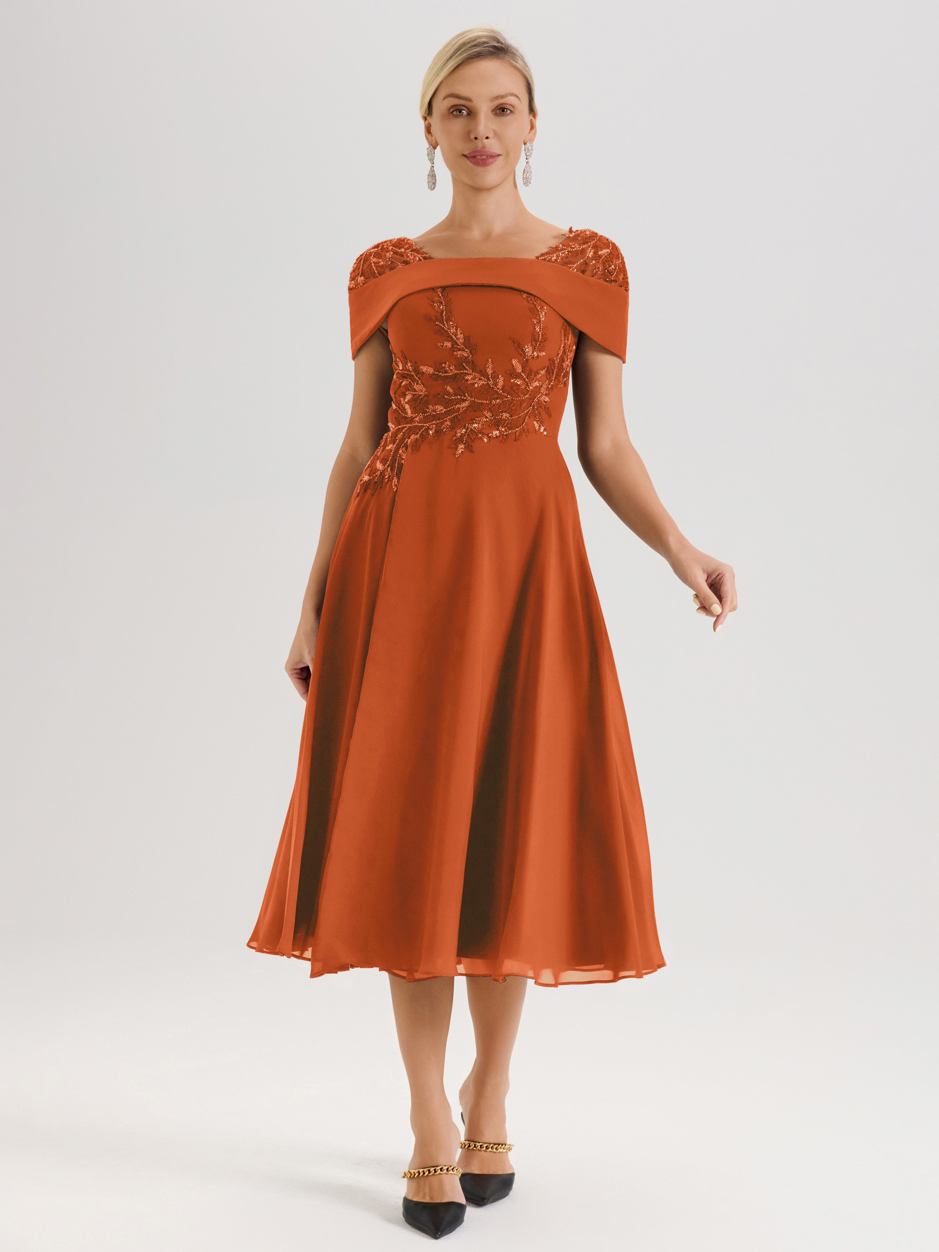 burnt orange chiffon dress Cicinia Mother Of The Bride Long A-line Tea Length Cap Sleeves Beaded Size:4T US Kids' numeric Style Season Description:SUMMER 2023 DELIVERY 1 How to Remake A line silhouette in chiffon