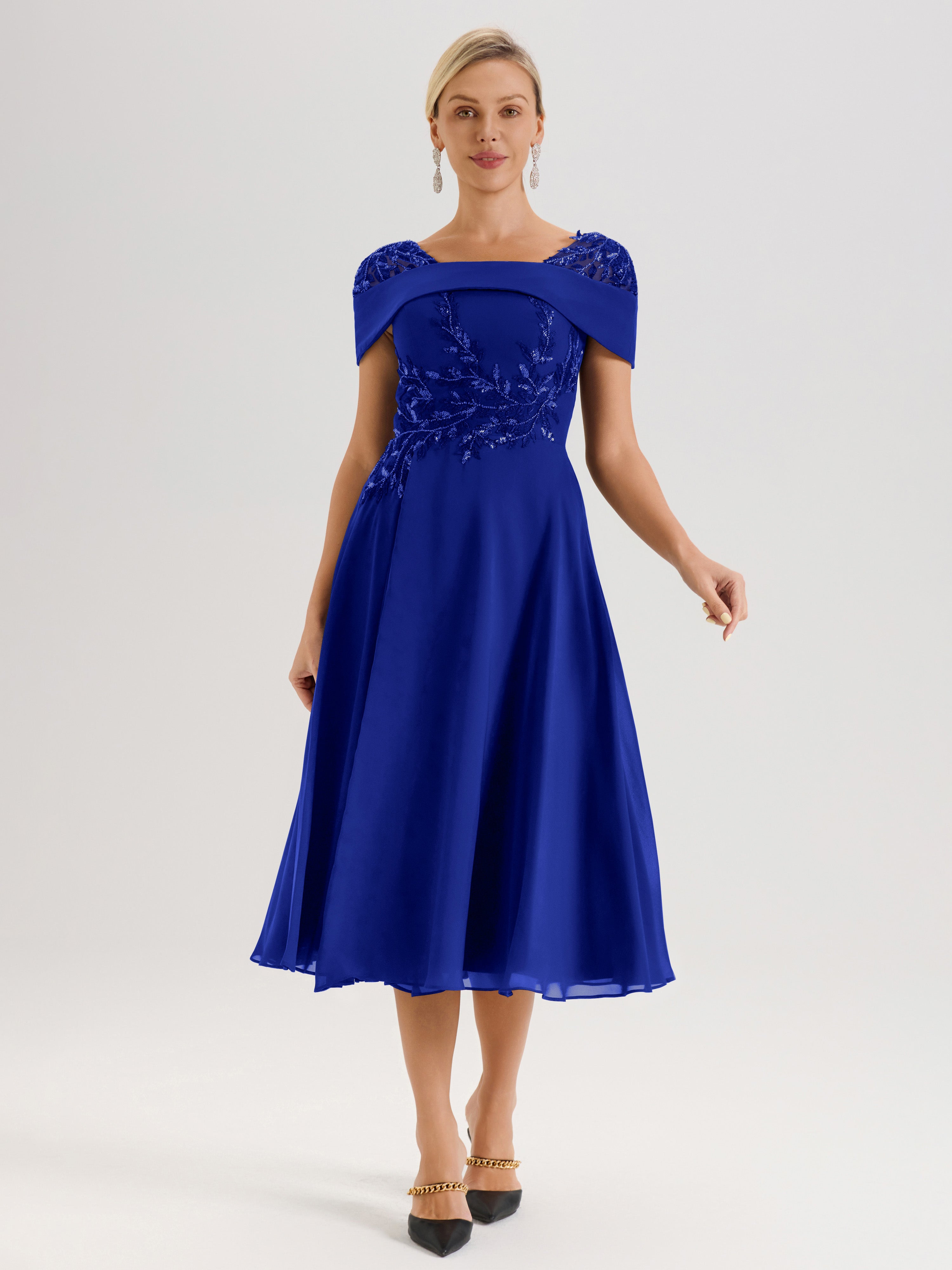 Cicinia Royal Blue Mother Of The Groom Dress Long Chiffon A-line Tea Length Cap Sleeves Beaded