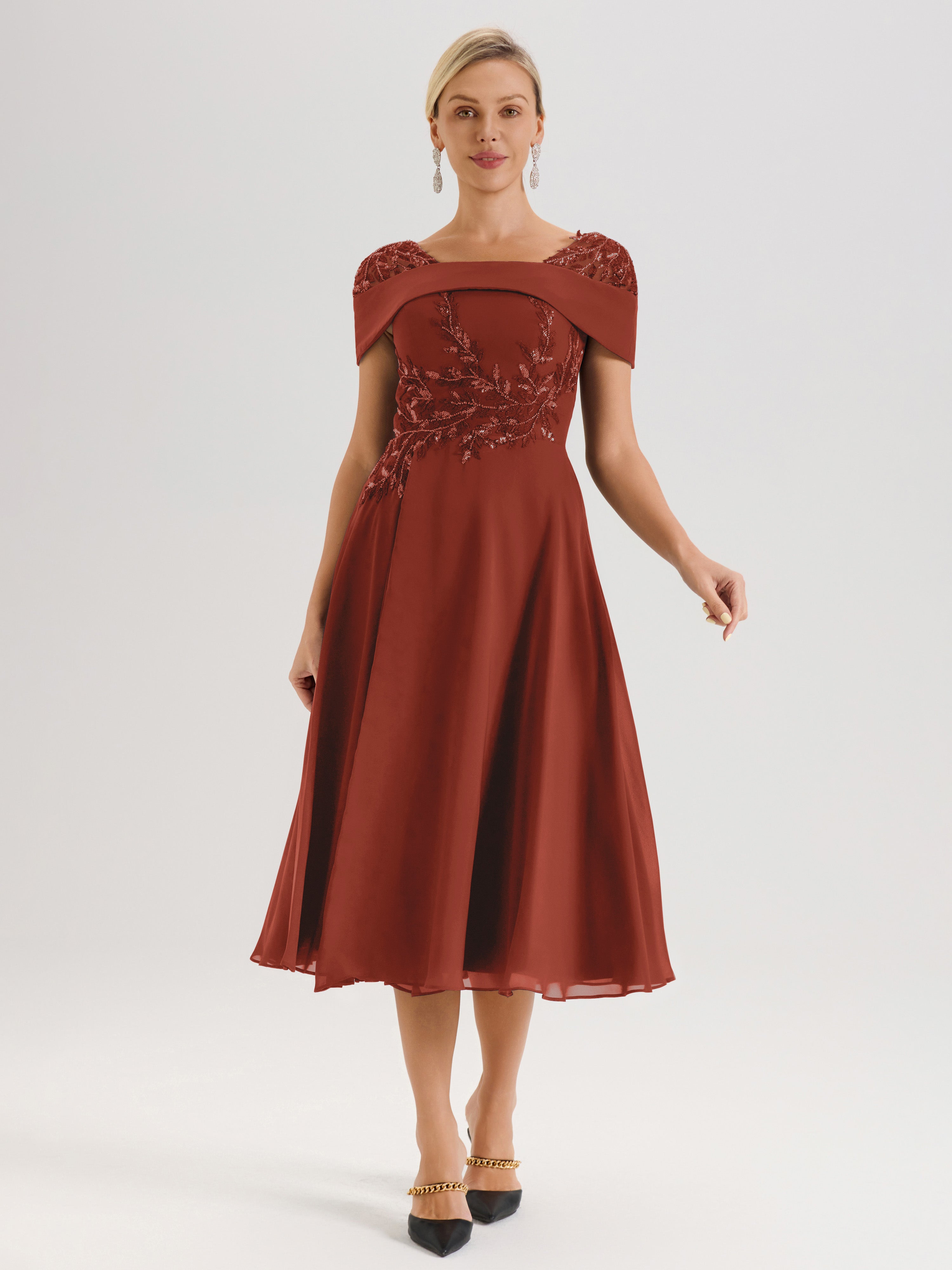 Cicinia Rust Mother Of The Groom Dress Long Chiffon A-line Tea Length Cap Sleeves Beaded
