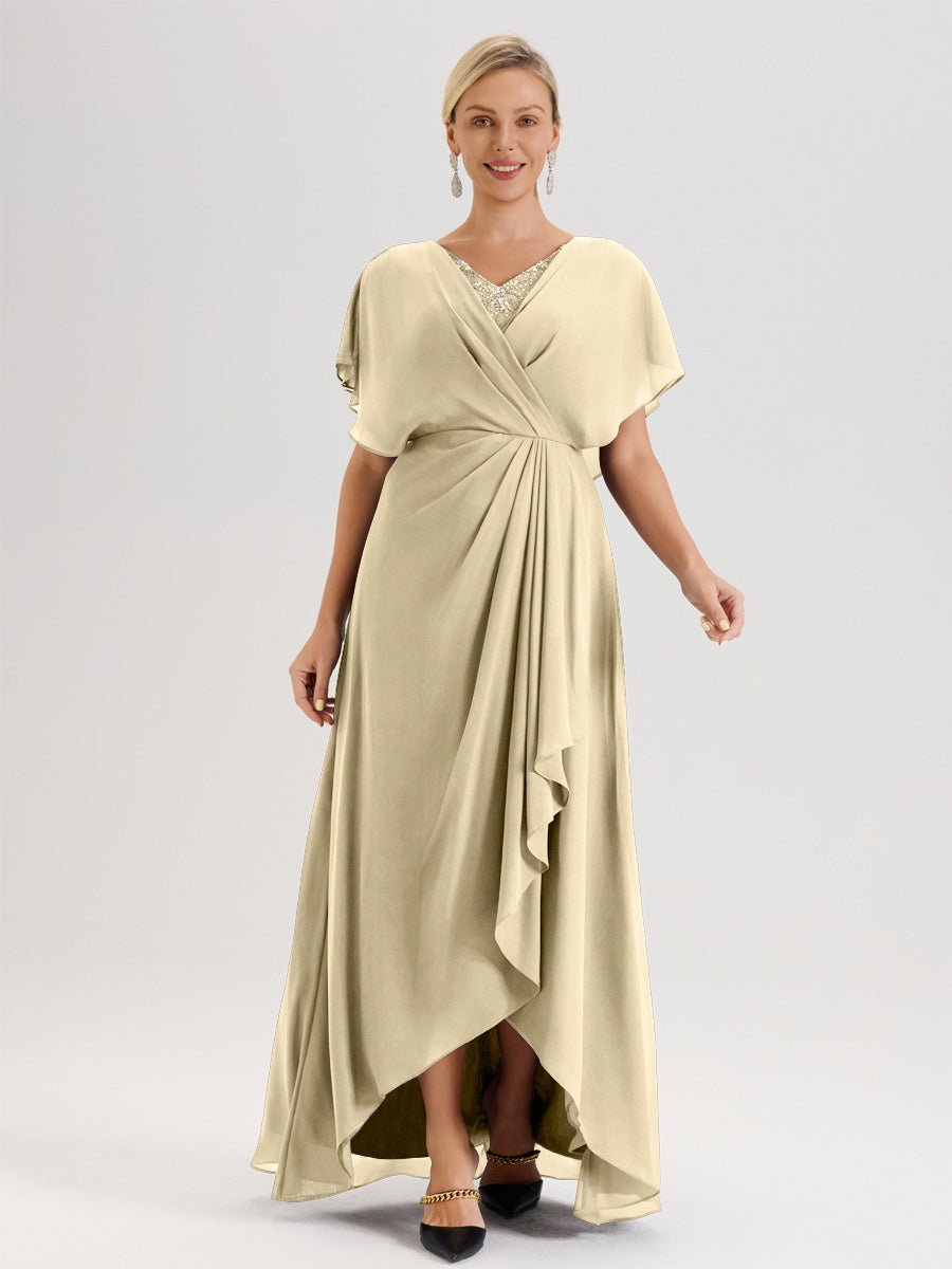 Cicinia Champagne Mother Of The Groom Dress Long Chiffon Slit Appliques Lace A-line Beaded Floor Length