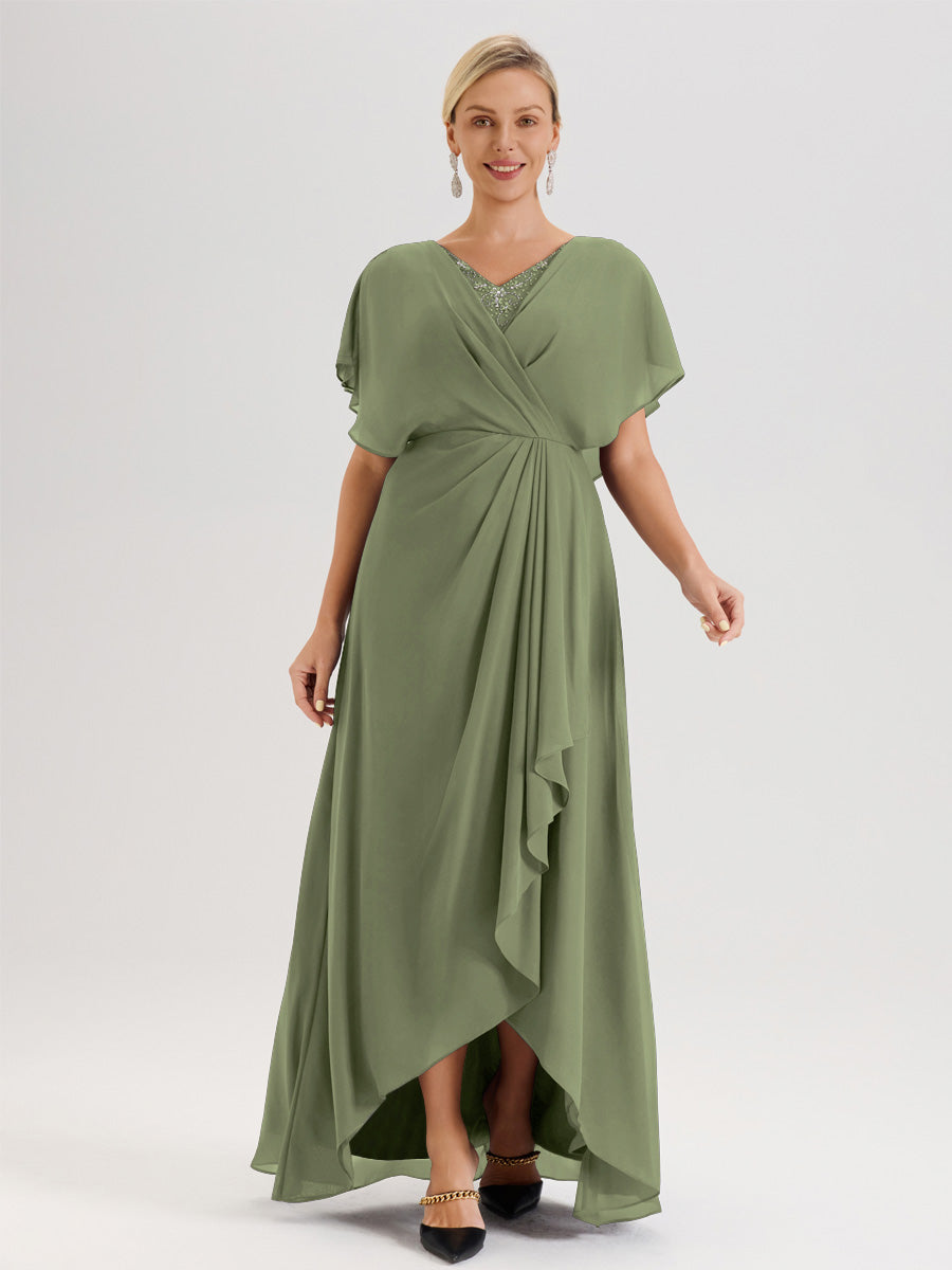 Cicinia Olive Green Mother Of The Groom Dress Long Chiffon Sheath With Sequined Lace Applique Cape main image 0