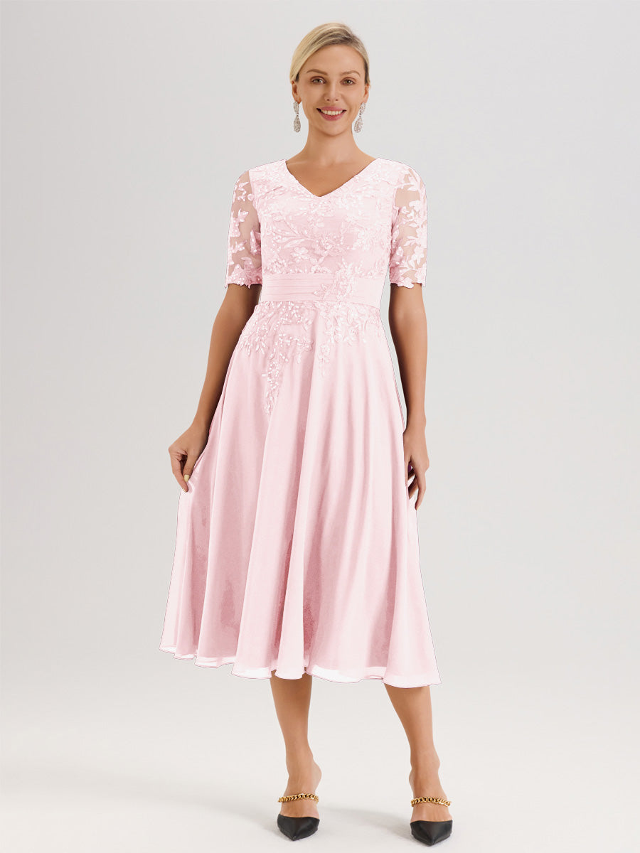 Cicinia Blushing Pink Mother Of The Groom Dress Long Chiffon Lace A-line Half Sleeves Beaded Floor Length