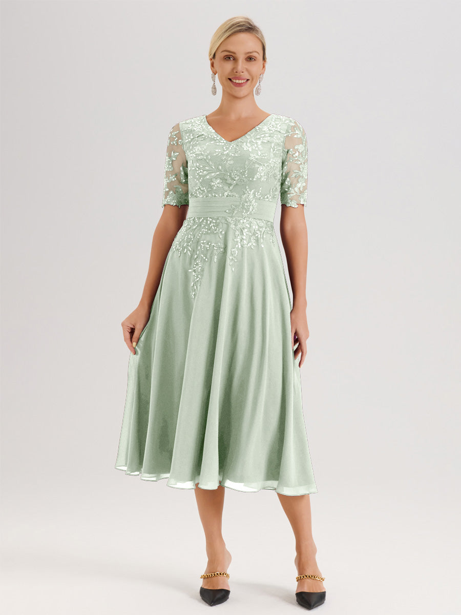 Cicinia Royal Blue Mother Of The Bride Dress With Sleeves Plus Size Long Chiffon A-line Tea Length V-neck