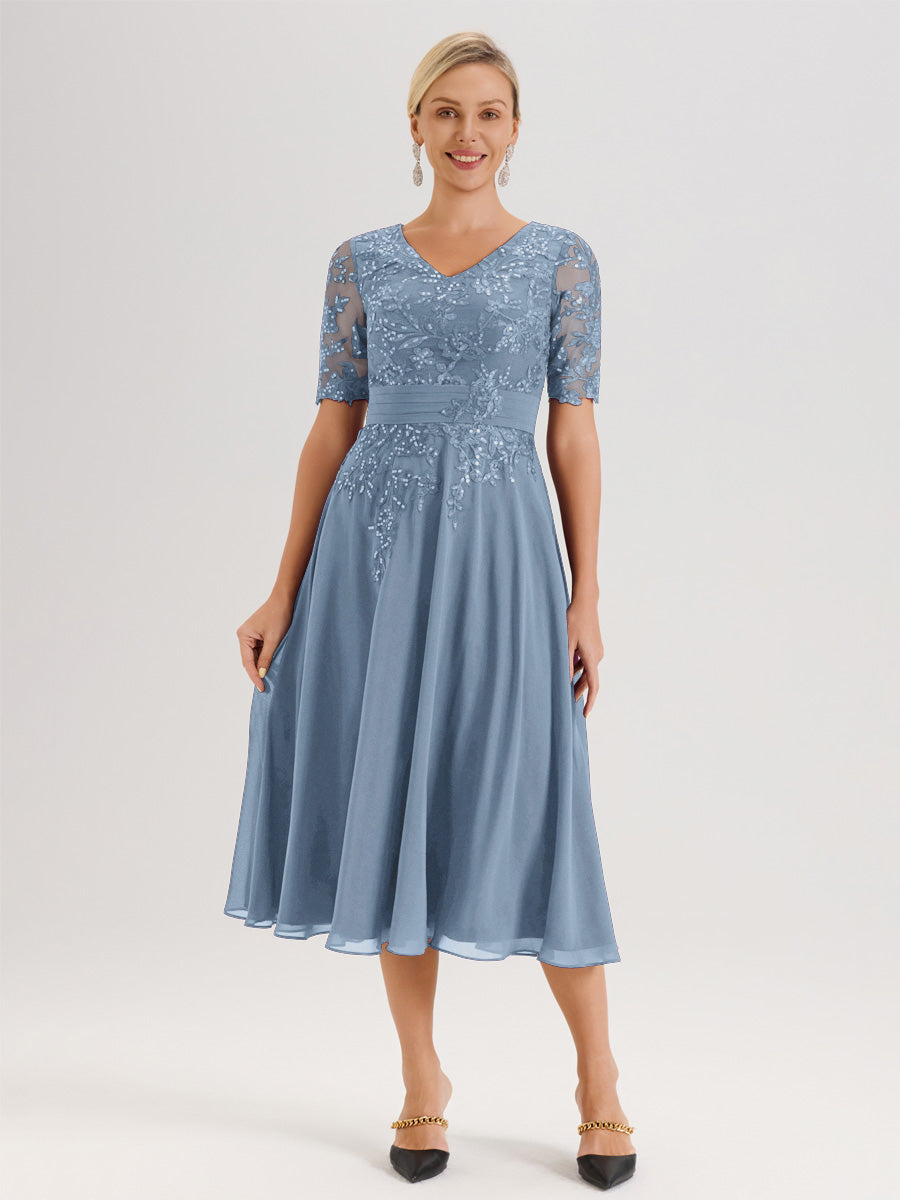Cicinia Slate Blue Mother Of The Bride Dress Long Chiffon A-line Tea Length V-neck Sequined Lace